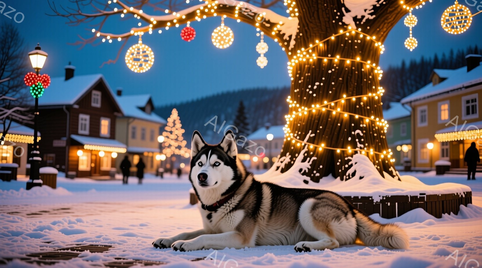 白と黒のシベリアンハスキーが雪に覆われた広場の真ん中で横たわっています。背景には、クリスマスツリーのような装飾が施された木々や、雪景色の中に佇む建物が見え、温かい光が灯っています。全体的に穏やかで、冬 - AI生成フリー素材
