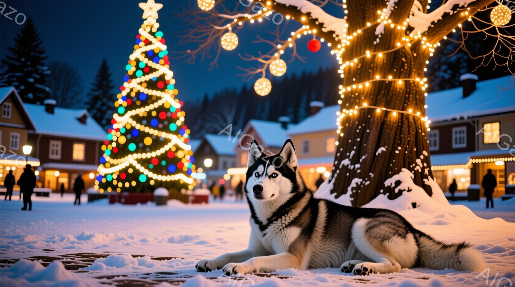 白い雪景色の中に、黒と灰色のシベリアンハスキーが横たわっています。背景には、カラフルな電飾で飾られたクリスマスツリーや建物が並び、冬の祭りのような暖かく幻想的な雰囲気が漂っています。雪が降る中、犬はリ - AI生成フリー素材