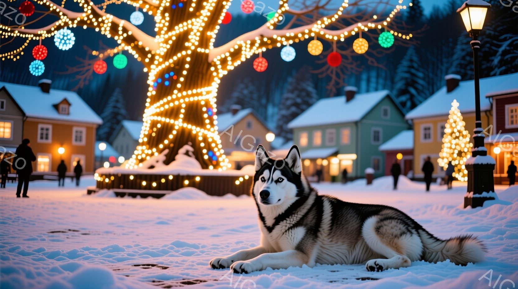 雪に覆われた広場に、灰色の毛並みのシベリアンハスキーが横たわっています。背景には、クリスマスイルミネーションで飾られた建物が立ち並び、冬の穏やかな雰囲気を醸し出しています。人々は暗い色のコートを着てお - AI生成フリー素材