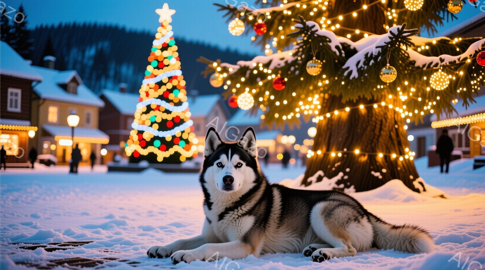 白い雪景色の中に、シベリアンハスキーがリラックスして横たわっています。背景にはクリスマスツリーが輝き、建物や木々が冬の静寂に包まれています。全体的に暖かく、穏やかなクリスマスの雰囲気が漂っています。 - AI生成フリー素材