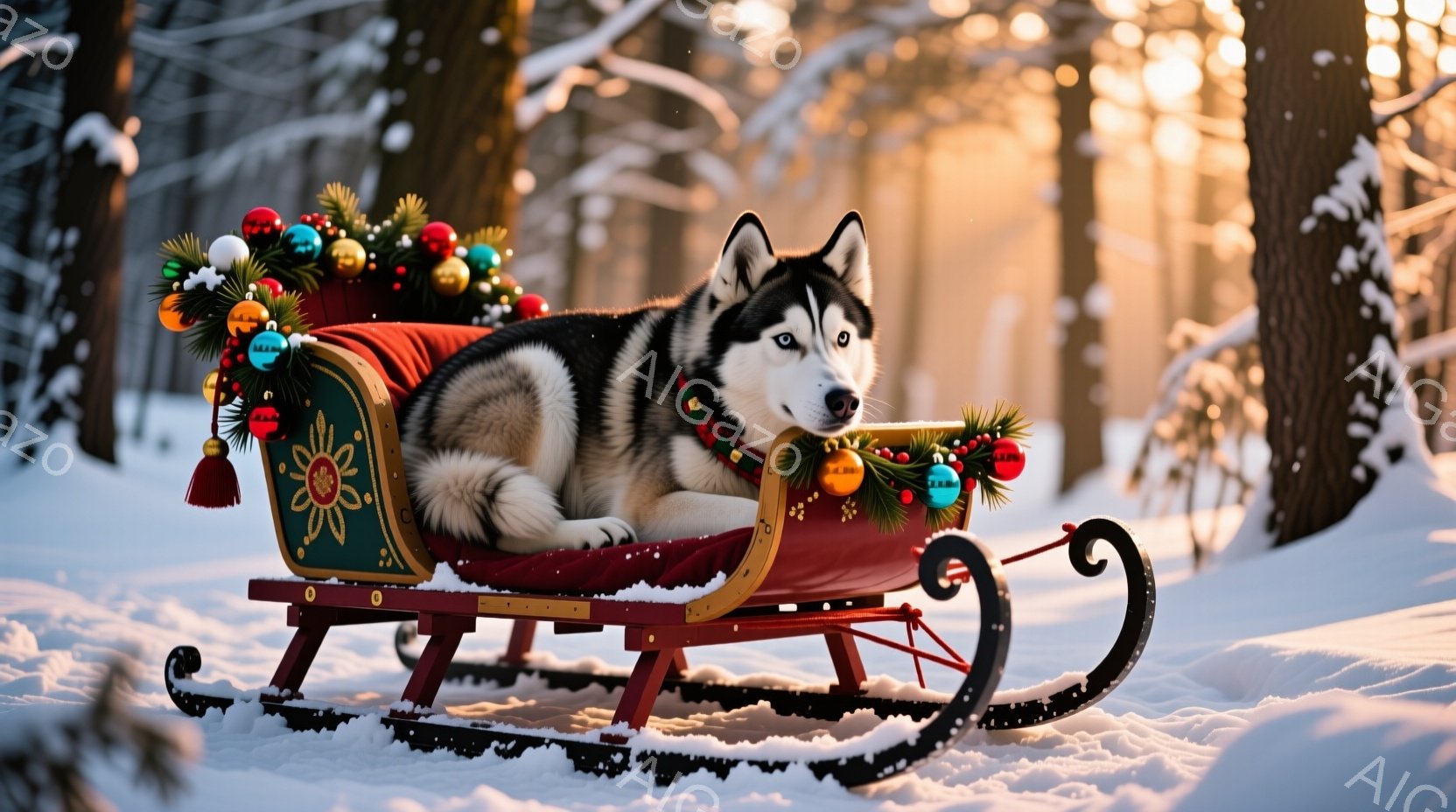 雪景色の中に、赤いそりにシベリアンハスキーが横たわっている。そりはクリスマスオーナメントや松飾りで華やかに飾られており、犬はリラックスした表情で正面を見つめている。背景には雪に覆われた木々が広がり、暖かな光が差し込み、冬の穏やかな雰囲気を醸し出している。