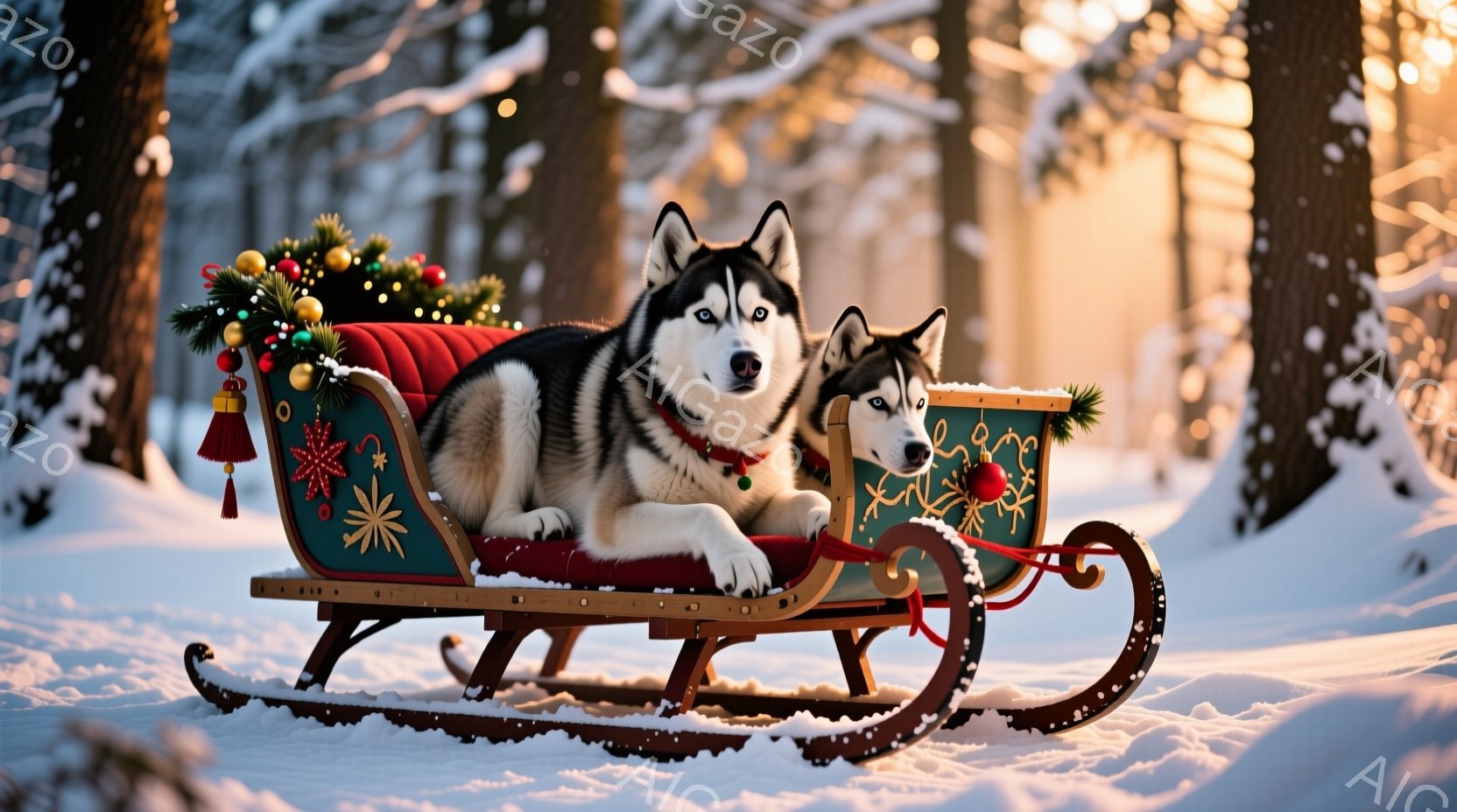 雪景色の中に、装飾が施されたそりに2匹のシベリアンハスキーが横たわっています。そりにはクリスマスツリーのような飾り付けがあり、犬たちは赤い首輪を付けてリラックスした表情を浮かべています。背景には雪に覆 - AI生成フリー素材