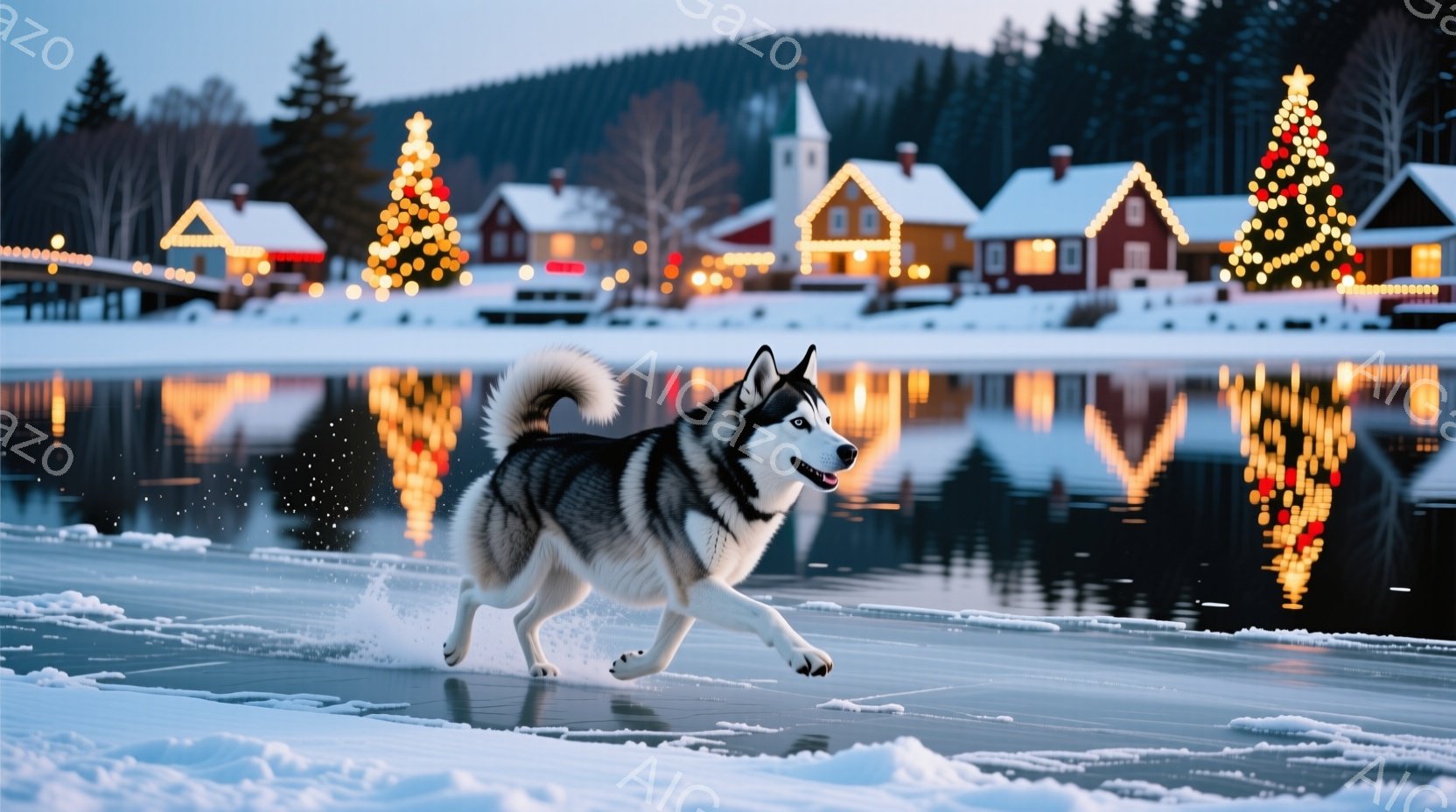 雪と氷に覆われた湖の上を、シベリアンハスキーが勢いよく走っている。背景にはクリスマスのイルミネーションで飾られた可愛らしい家々が並び、冬の静かで暖かい雰囲気を醸し出している。氷の表面にはハスキーが走っ - AI生成フリー素材