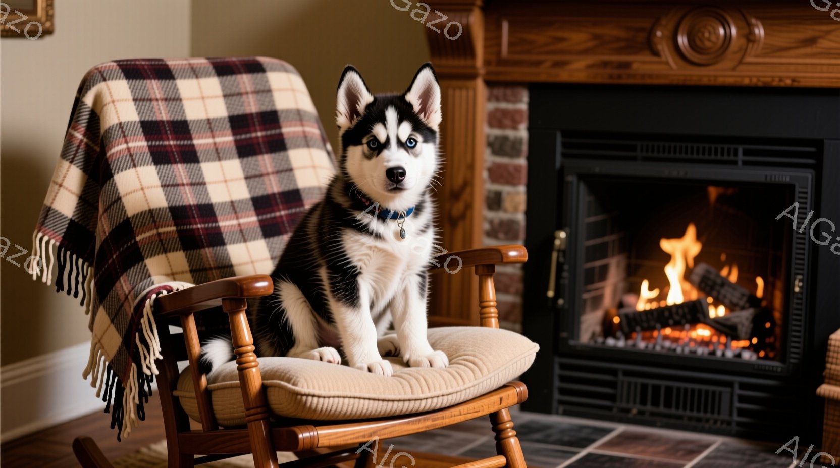 白と黒の毛並みを持つシベリアンハスキーの子犬が、木のロッキングチェアに座っています。子犬は首輪をつけており、少し上目遣いで正面を見ています。背景にはレンガ造りの暖炉があり、炎が燃え盛っており、暖かく居心地の良い雰囲気を醸し出しています。