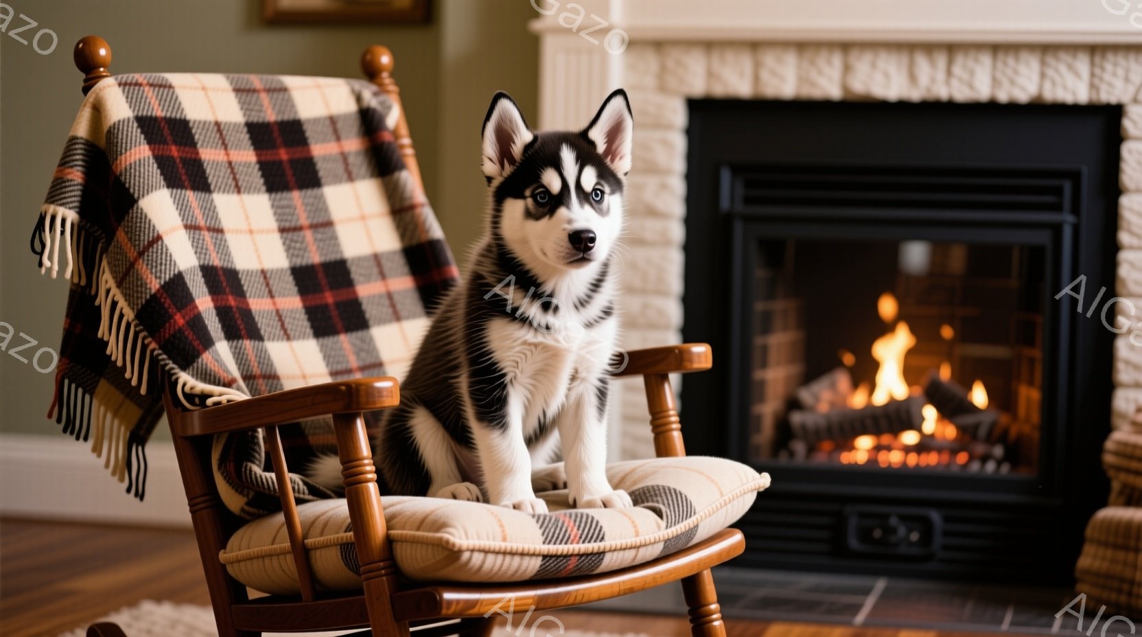 揺り椅子に座っている子犬が写っています。子犬はシベリアンハスキーで、黒と白の毛並み、鋭い青い目、そして真剣な表情をしています。暖炉が背景に見え、室内は暖かく居心地の良い雰囲気です。