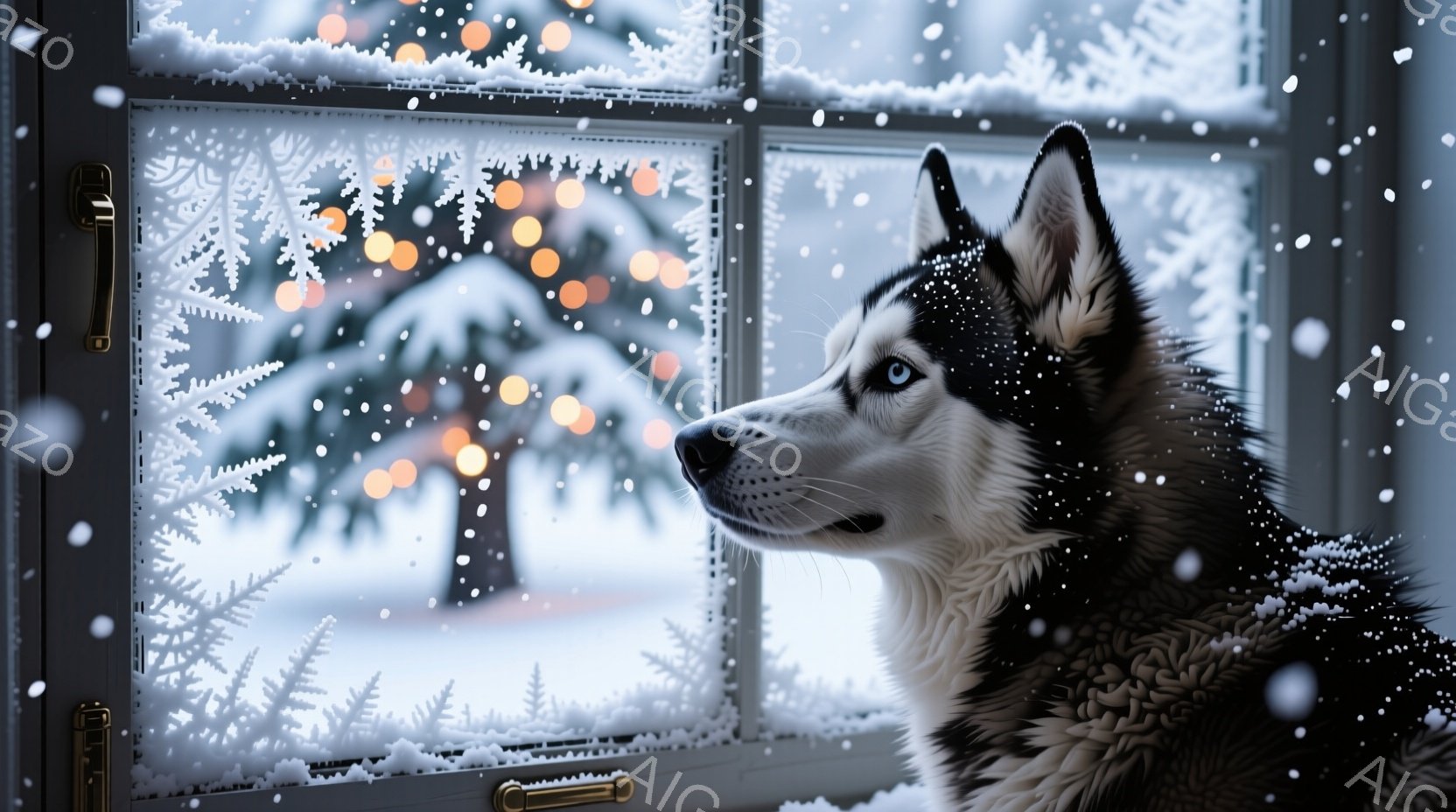 シベリアンハスキーが窓から雪景色を眺めている様子が描かれている。窓枠には雪が積もり、背景にはぼやけたクリスマスツリーの光が輝き、静かで幻想的な冬の雰囲気を醸し出している。ハスキーは少し顔を傾け、遠くを見つめるような穏やかな表情をしている。