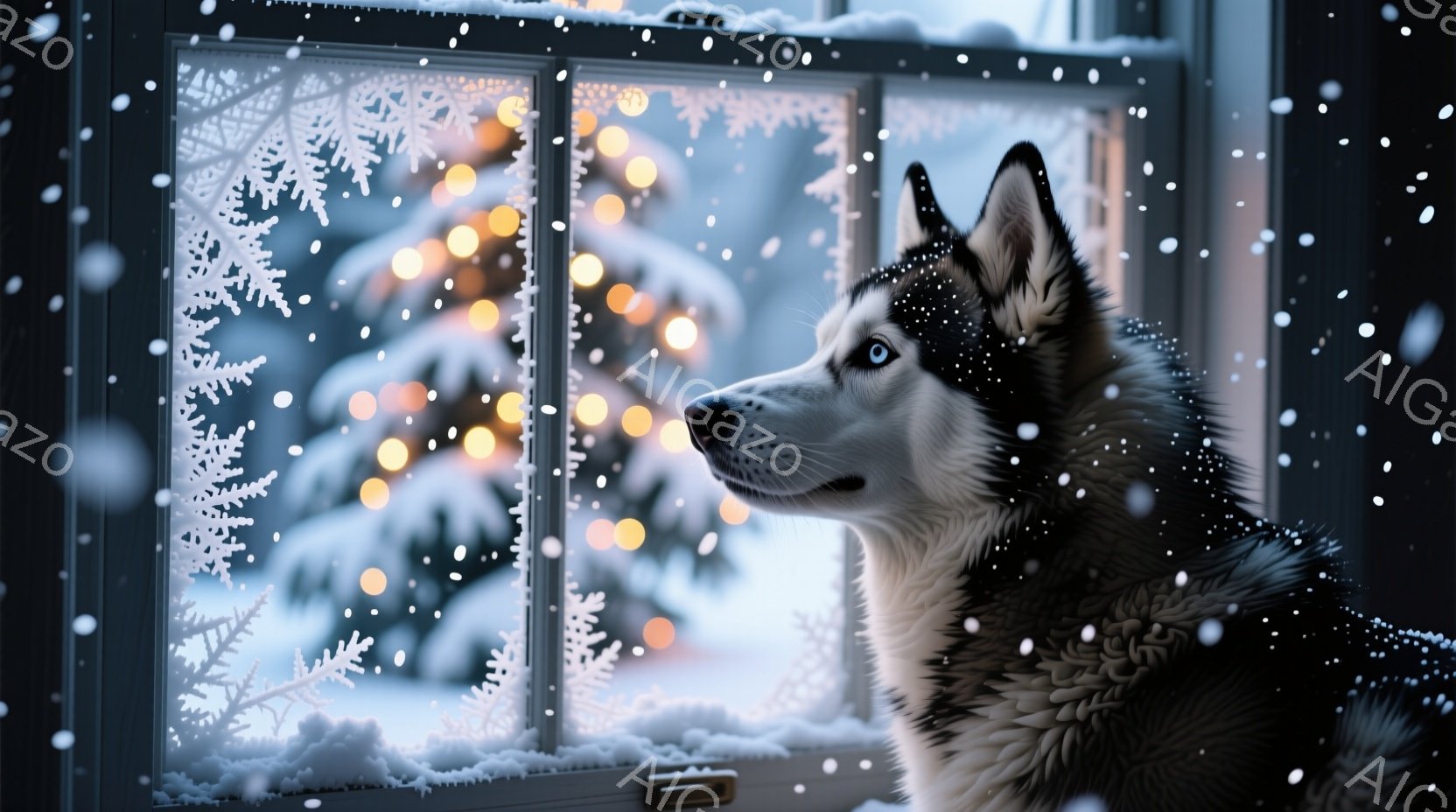 雪が降る夜、窓辺にシベリアンハスキーが寄り添う様子が描かれている。ハスキーは青い目を窓の外に向け、どこか遠くを見つめている。窓の外にはぼんやりと光る電飾が確認でき、雪景色と相まって、温かく静謐な雰囲気 - AI生成フリー素材