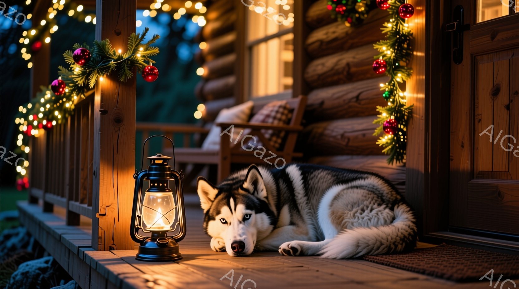 凍てつくような木製のデッキに、毛並みの美しいシベリアンハスキーが横たわっています。背景にはクリスマス飾りで彩られた丸太小屋があり、温かい光が灯っています。デッキにはランタンが置かれ、クリスマスツリーの - AI生成フリー素材