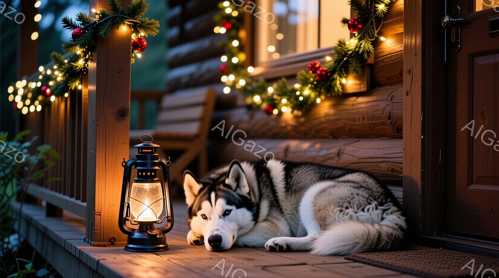 暖炉の光に照らされた木製のベランダに、シベリアンハスキーが横たわっています。クリスマスの飾り付けが施された手すりとドアが背景に見え、温かく穏やかな雰囲気を醸し出しています。ランタンの優しい光が犬を照ら - AI生成フリー素材