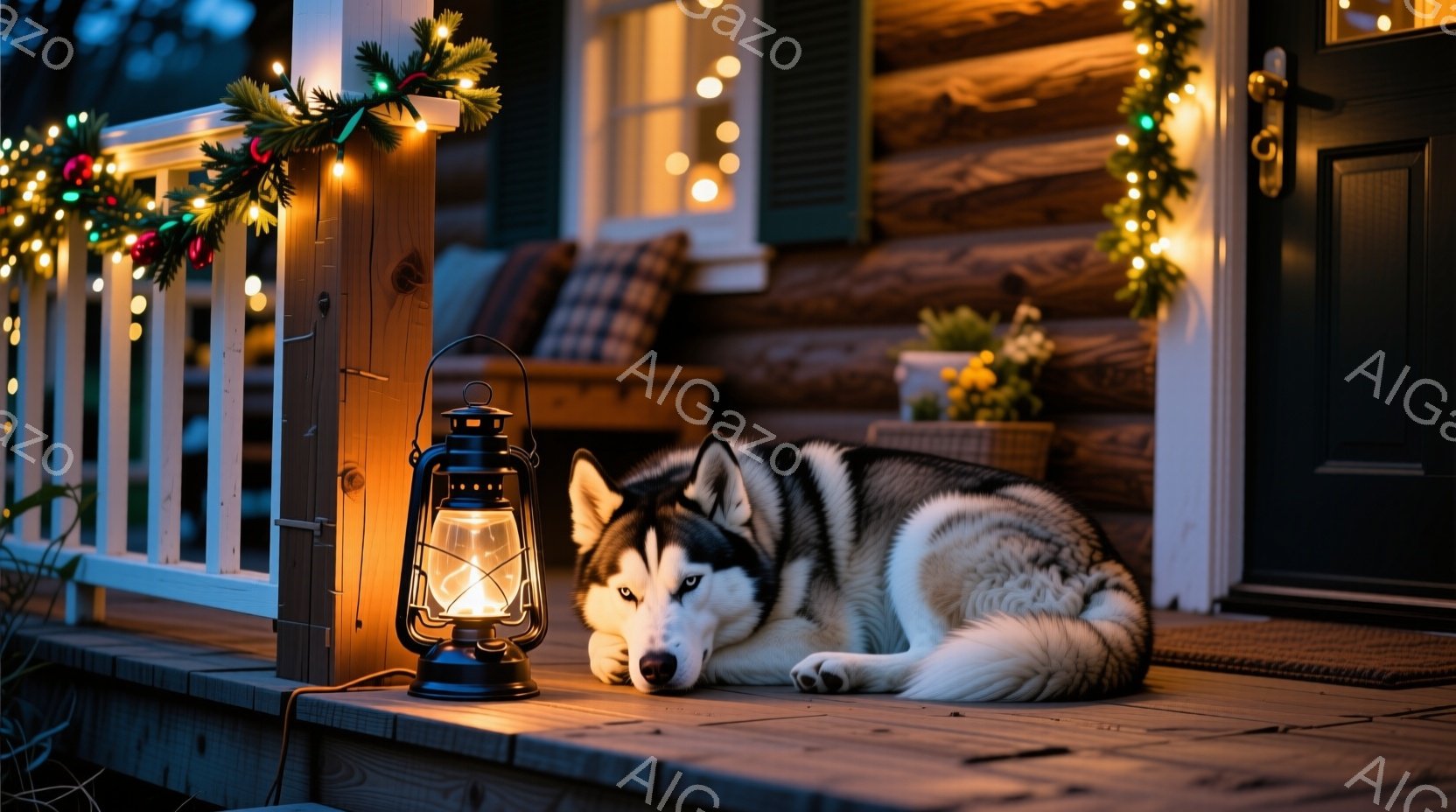 白い柵に沿って装飾が施されたベランダで、シベリアンハスキーがリラックスして横たわっています。温かい光を放つランタンが犬の近くに置かれ、背景にはログハウスの入り口と、ぼんやりと光るクリスマスライトが見えます。全体的に暖かく、穏やかで、冬の夜の静けさを感じさせる雰囲気です。