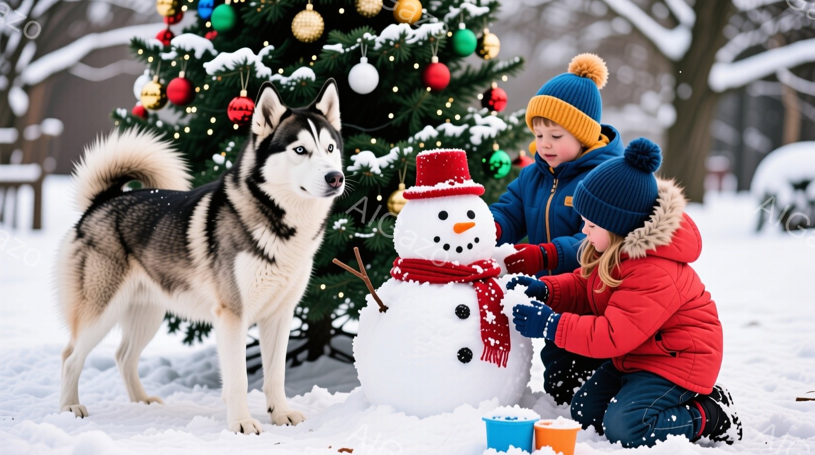 雪景色の中で、少年が赤いジャケットと青い帽子を着用し、雪だるまの顔を作っています。隣には、シベリアンハスキーが立ち、雪だるまを興味深そうに見つめています。背景には、クリスマスツリーが飾られ、暖かく穏や - AI生成フリー素材