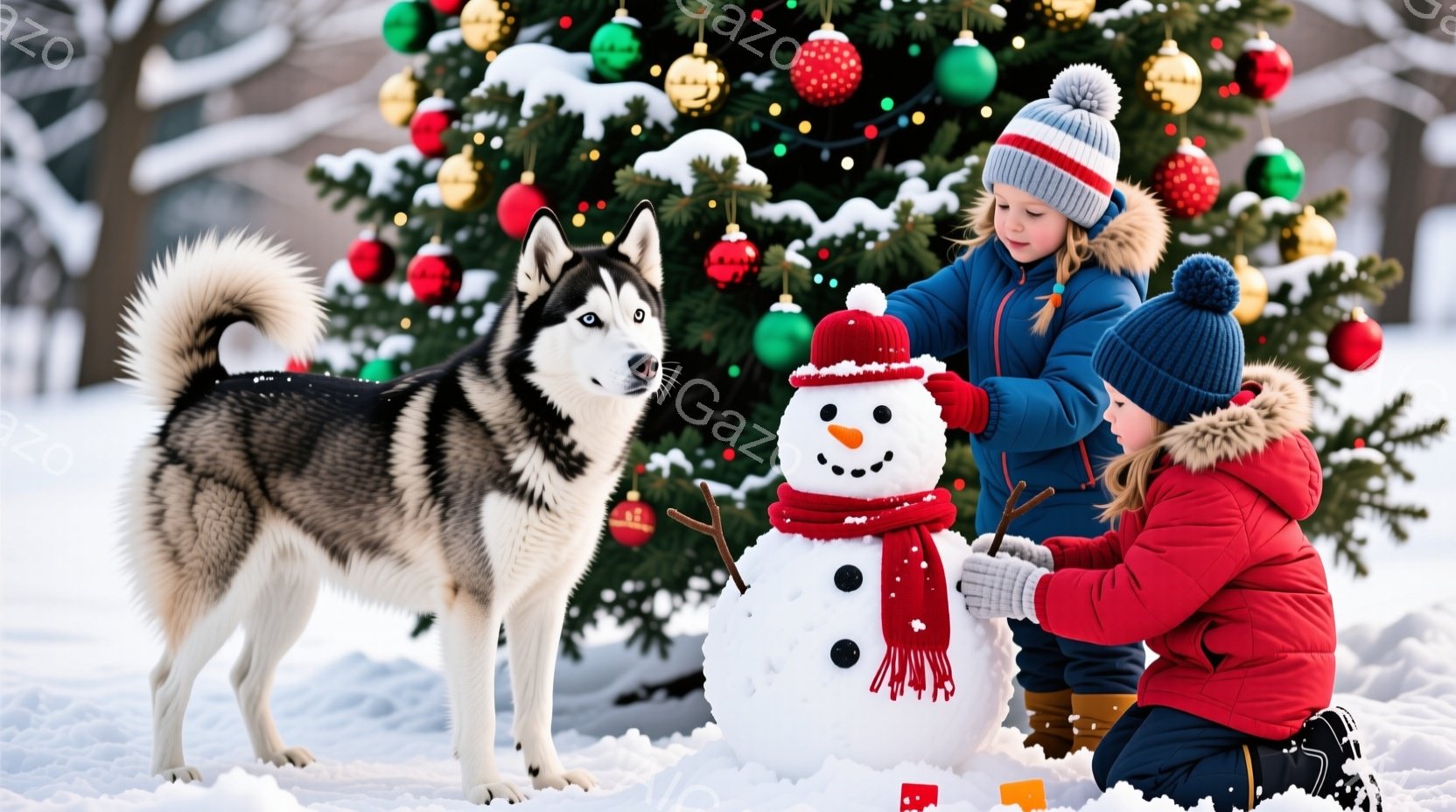 雪景色の中で、女の子がスノーマンの顔を飾り付けています。彼女は赤いジャケットと青い帽子をかぶり、スノーマンに炭の目やニンジンのお鼻をつける作業に集中しています。そばには、シベリアンハスキーが立っており - AI生成フリー素材