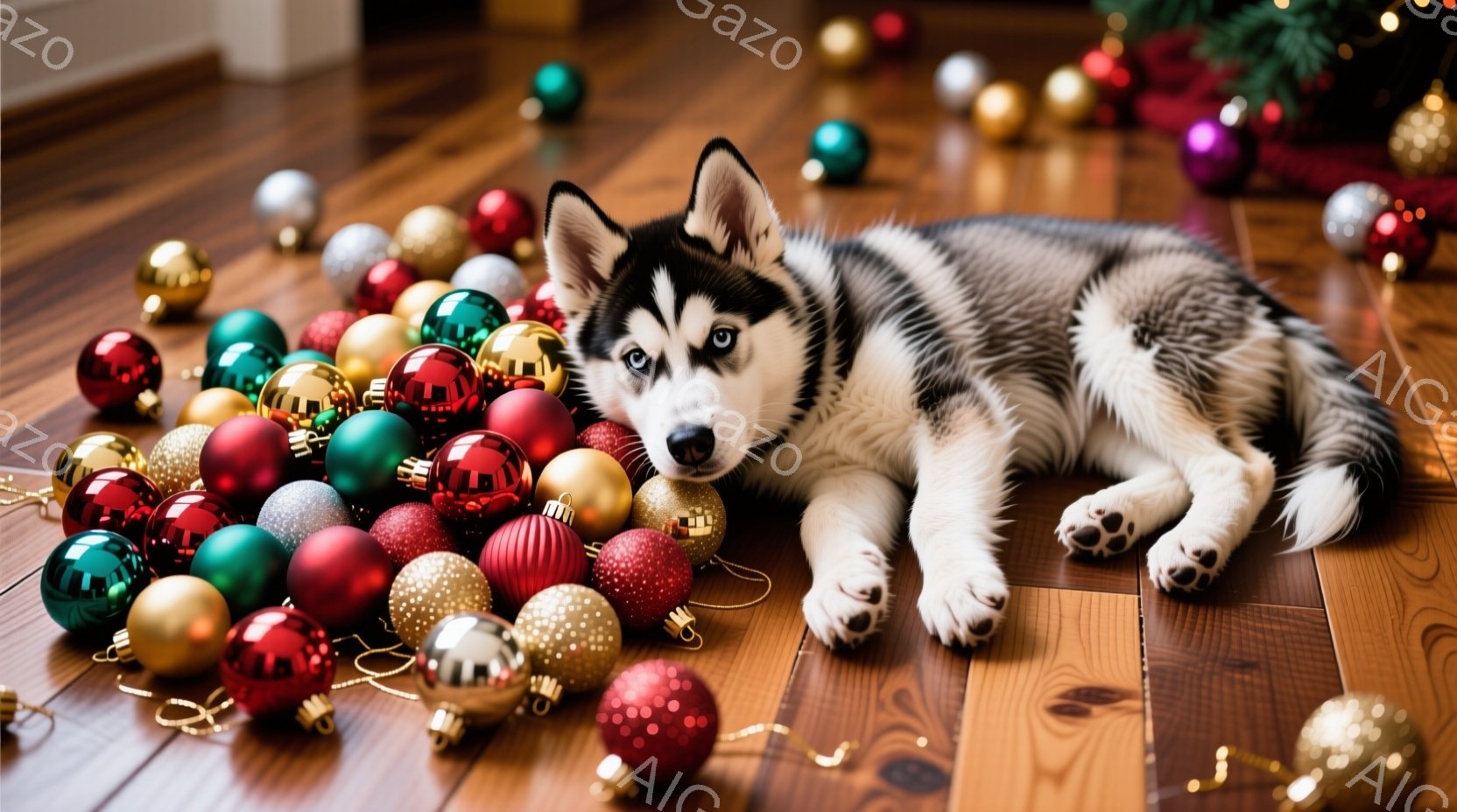 明るい木製の床に、クリスマスのオーナメントが散らばり、その中に子犬が横たわっています。子犬はシベリアンハスキーで、白と黒の毛並みと青い瞳が特徴的です。リラックスした様子で前足を伸ばし、クリスマスのオー - AI生成フリー素材