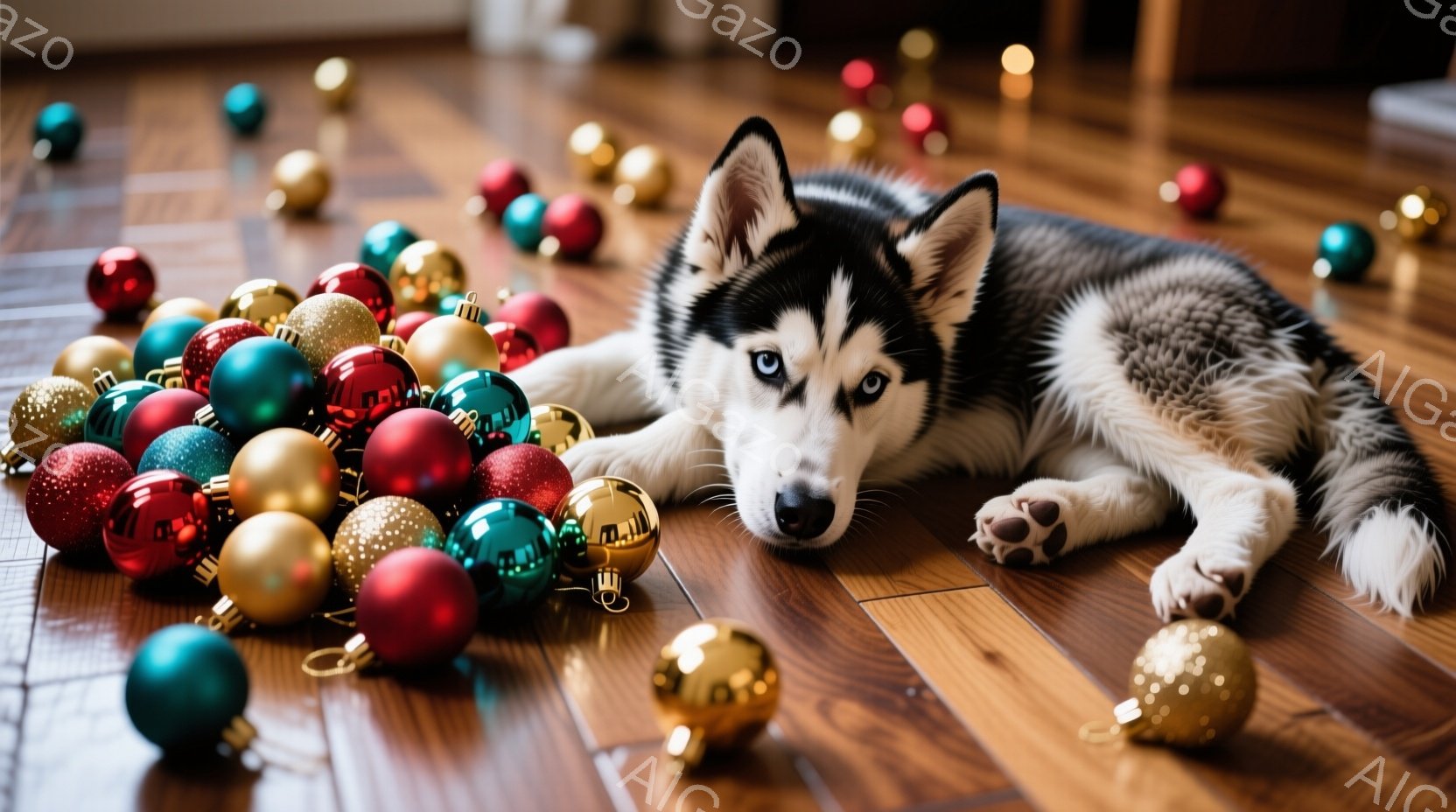 鮮やかなクリスマスオーナメントが散らばる木の床の上に、子犬のシベリアンハスキーが横たわっています。子犬は青い目を輝かせ、リラックスした表情でカメラを見つめており、その毛並みは黒と白のコントラストが印象的です。背景はぼかされており、暖かく、お祝いムードに包まれた室内であることがわかります。