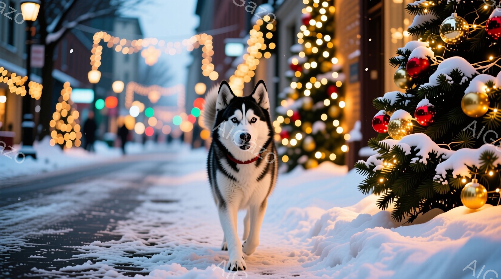 雪が降る街並みを、一匹のシベリアンハスキーが悠々と歩いている。ハスキーは赤い首輪をつけており、まっすぐ前を見つめ、凛々しい表情を浮かべている。背景には、クリスマスツリーが飾られ、たくさんのイルミネーシ - AI生成フリー素材