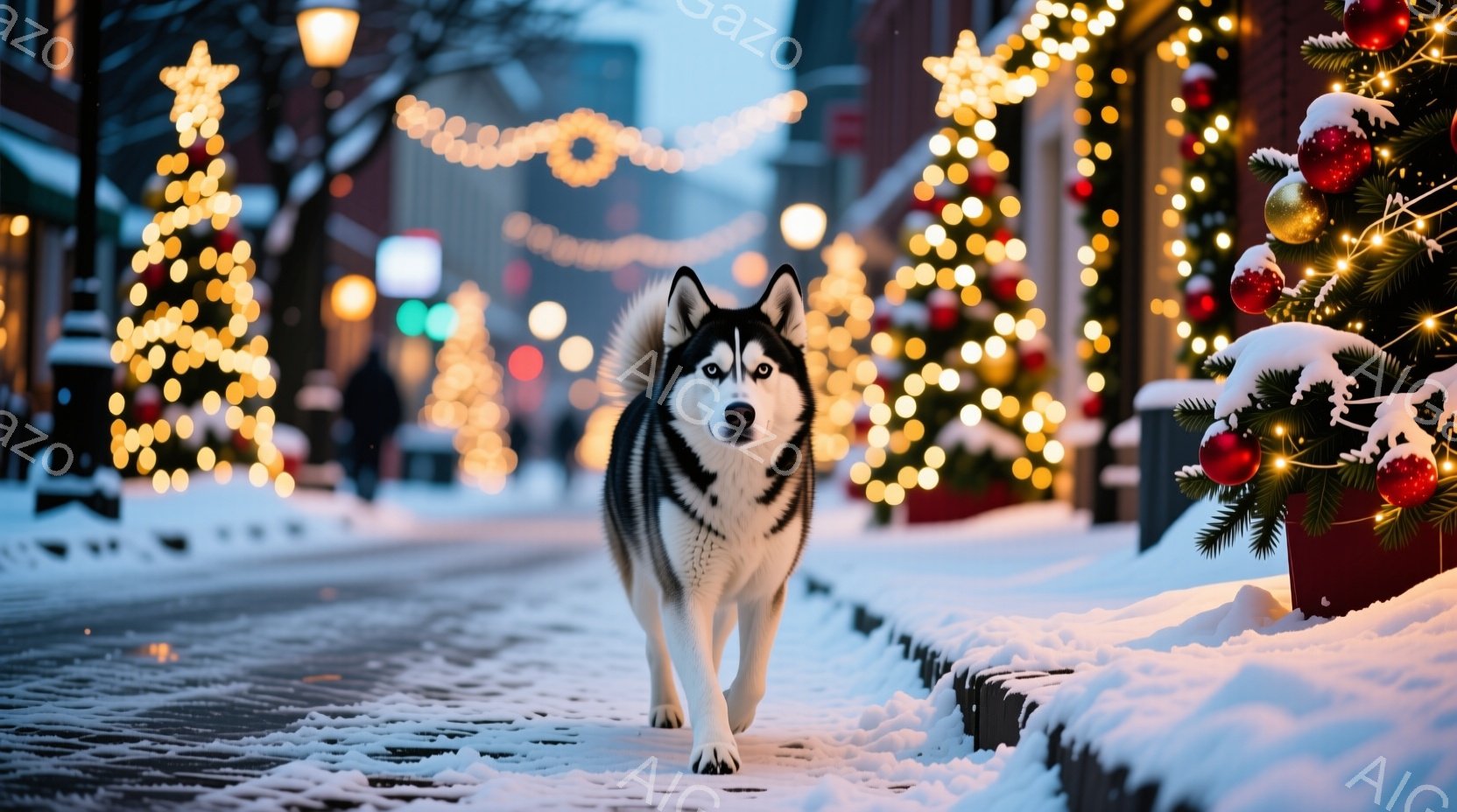 白と黒のハスキー犬が雪に覆われた街路を堂々と歩いている。背景には、カラフルな電飾で飾られたクリスマスツリーや建物がぼやけ、冬の暖かく幻想的な雰囲気を醸し出している。雪はふっかふかとしており、街全体が穏やかな光に包まれている。