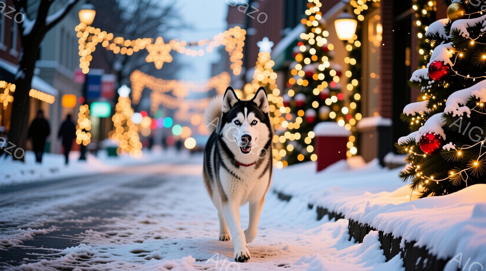 雪に覆われた街並みを、シベリアンハスキーが元気に駆け抜けている。背景にはクリスマスイルミネーションが輝き、右側には飾り付けられたクリスマスツリーが積雪の中に佇んでいる。冬の暖かく華やかな雰囲気が漂う、 - AI生成フリー素材