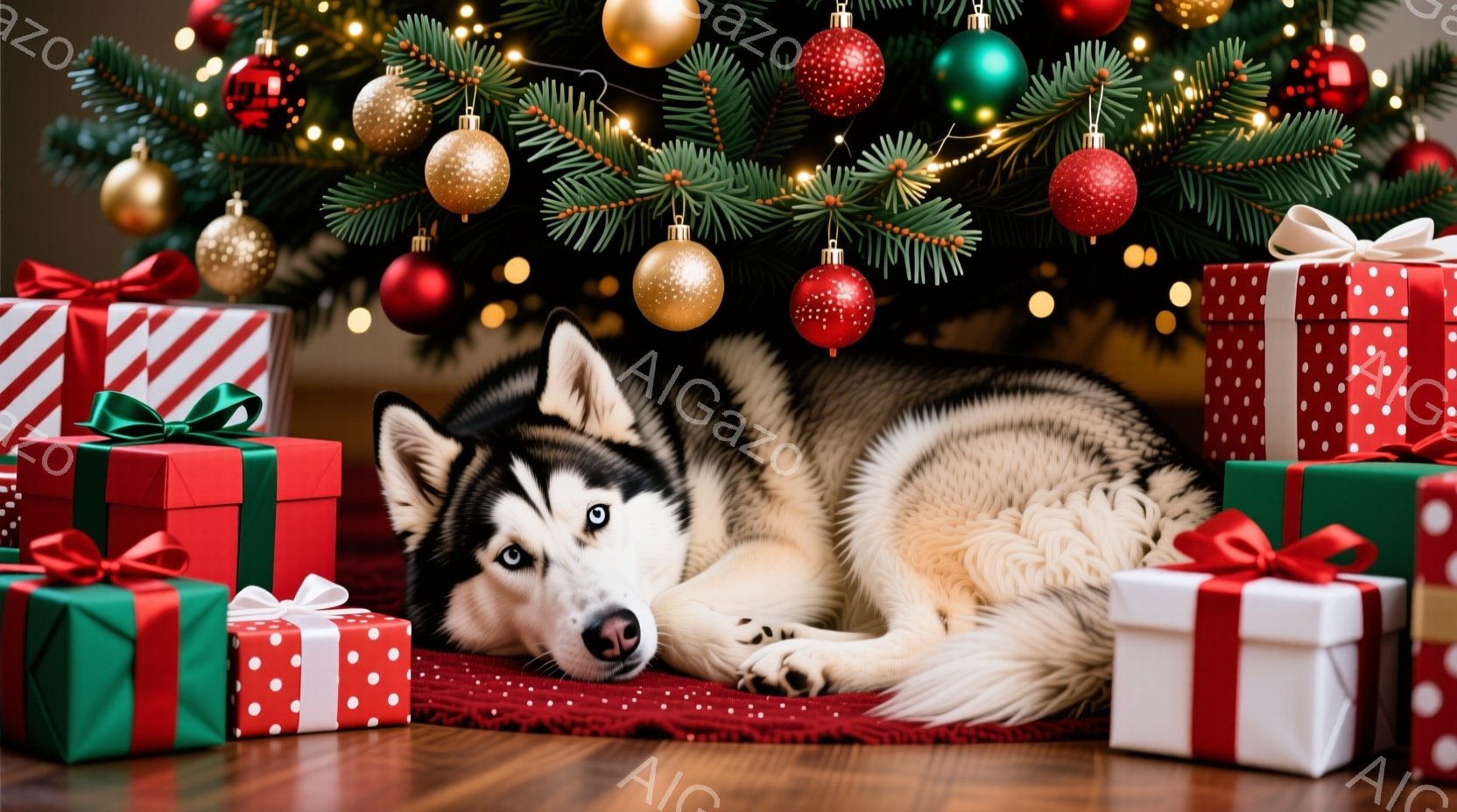 シベリアンハスキーが、クリスマスツリーの下に置かれたプレゼントの山に囲まれて横たわっています。犬は落ち着いた表情で、青い目をこちらに向けています。背景には緑色の木と、赤、白、緑の装飾が施されたプレゼン - AI生成フリー素材