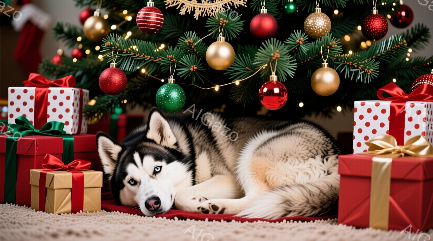 シベリアンハスキーが、クリスマスツリーの下に置かれたプレゼントの山の中で横たわっています。犬はリラックスした様子で、暗い青色の瞳がわずかに開いており、落ち着いた表情をしています。背景には緑のクリスマス - AI生成フリー素材