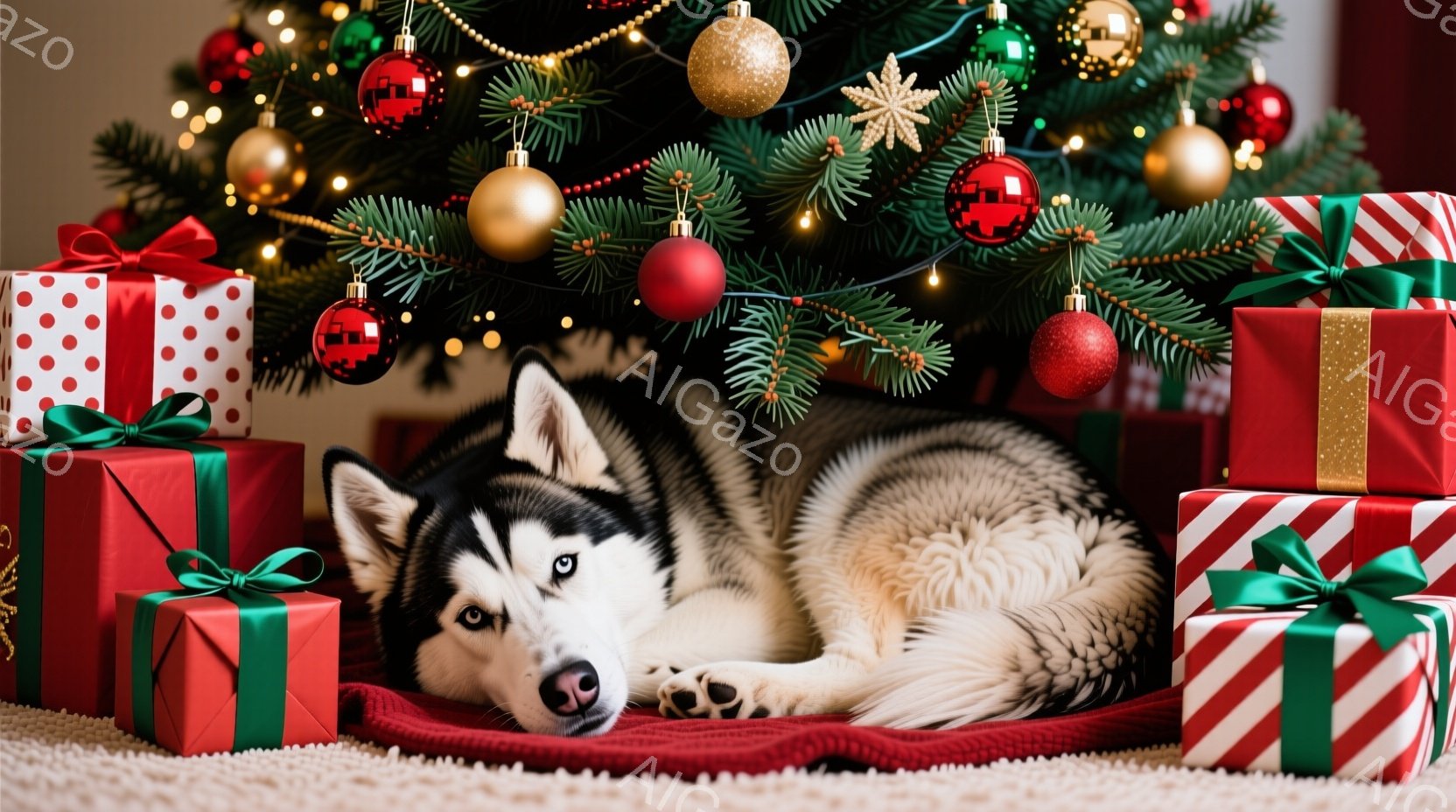 白と黒の毛並みを持つシベリアンハスキーが、赤い毛布の上に横たわっています。周りには緑や赤の包装紙で飾られたプレゼントの箱が積み重ねられており、背景にはクリスマスツリーが飾られています。全体的に温かく、 - AI生成フリー素材