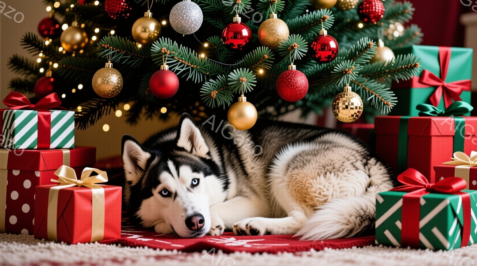 シベリアンハスキーがクリスマスツリーの下に置かれたプレゼントの山の中で横たわっています。犬は青い目をしており、リラックスした表情で、赤い敷物の上に頭を置いています。背景には、飾り付けられたクリスマスツ - AI生成フリー素材