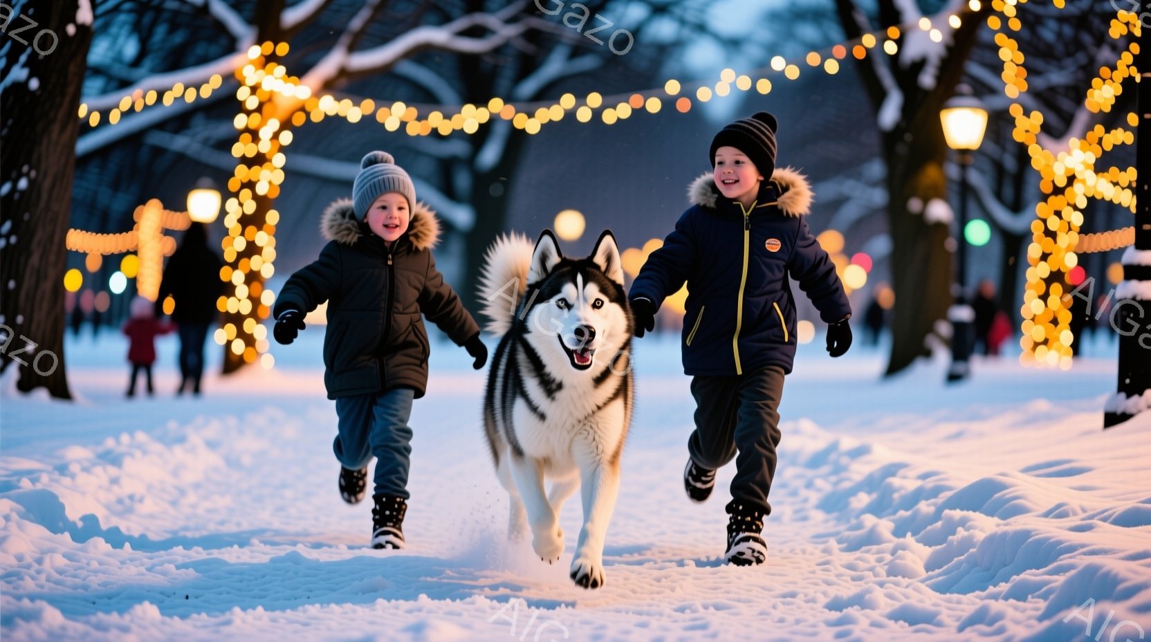 雪景色の中、二人の少年と一匹のハスキー犬が駆けている。少年たちは冬用の帽子とジャケット、そして黒いブーツを履いており、顔には楽しそうな笑顔が見える。背景には、電飾で彩られた木々とぼんやりとした人影があり、冷たい空気の中の温かい光が、冬の遊園地のような雰囲気を醸し出している。