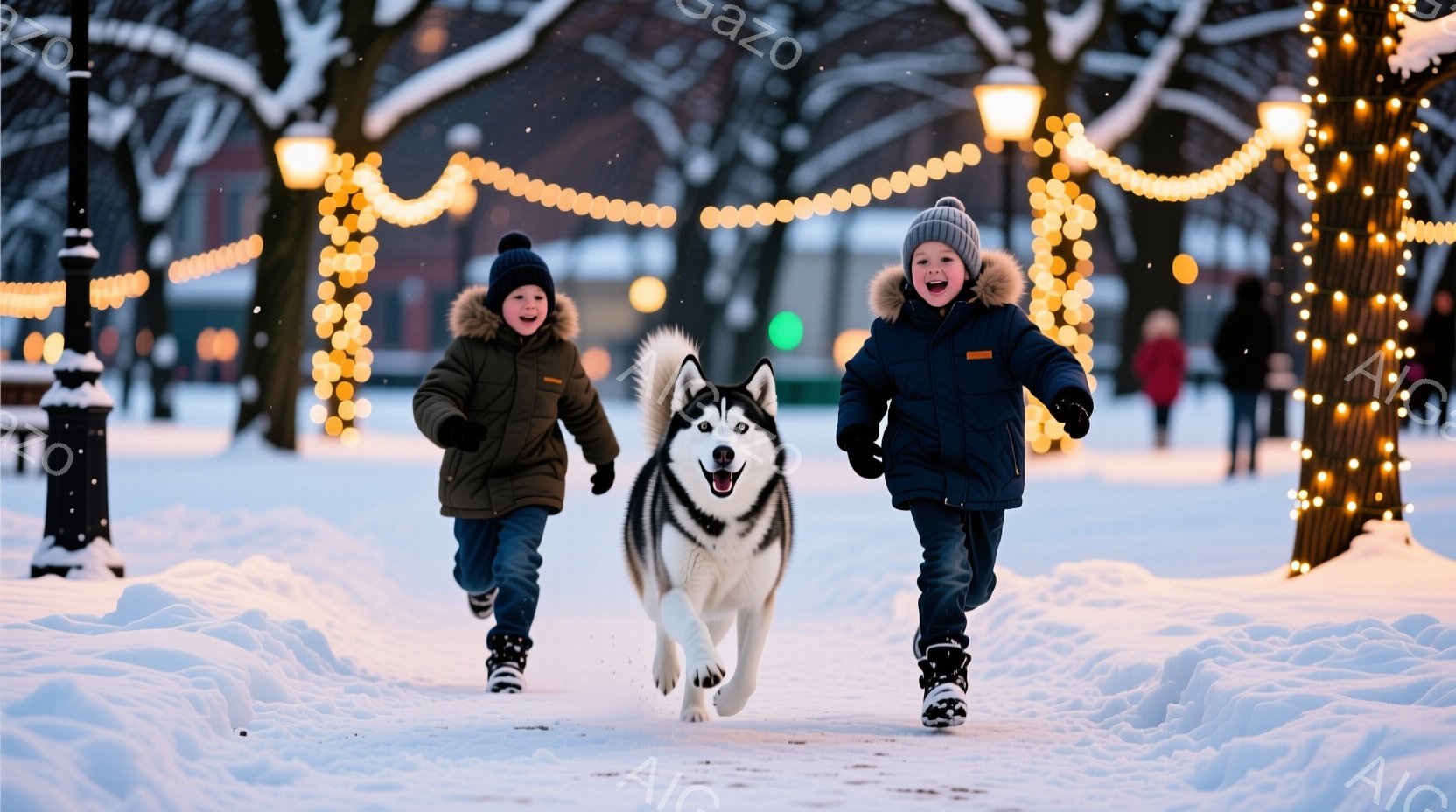 雪に覆われた公園を、二人の子供と一匹のシベリアンハスキーが楽しそうに駆け抜けている。子供たちは紺色とオレンジ色の防寒着に身を包み、ニット帽をかぶり、満面の笑みを浮かべている。背景には、きらびやかなイル - AI生成フリー素材