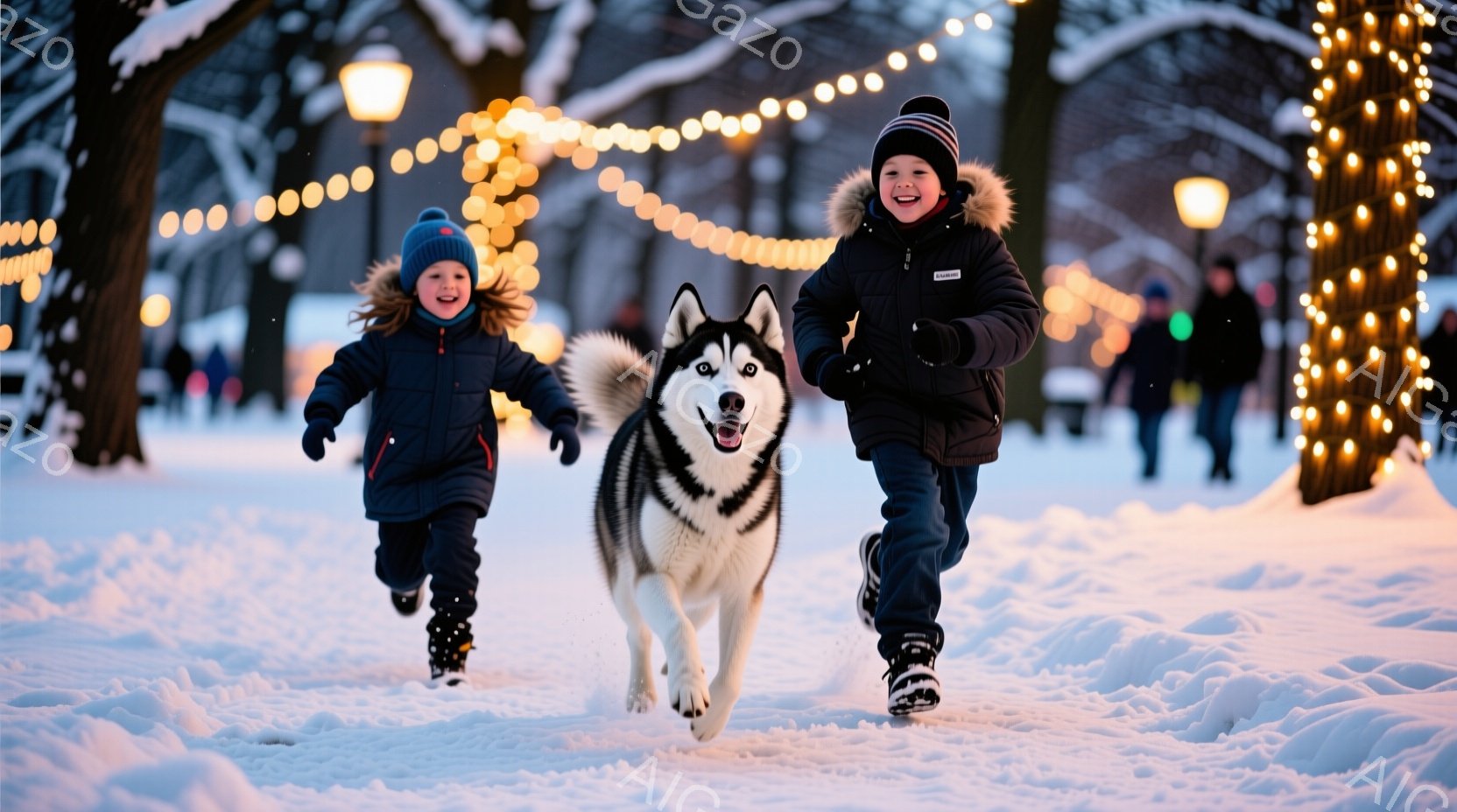雪景色の中、二人の子供と一匹のシベリアンハスキーが駆け抜けている。子供たちは冬の帽子と厚手のコートを着て、笑顔で雪の上を走っており、ハスキーも楽しそうに走っている。背景には木々とぼんやりと見える人影、 - AI生成フリー素材
