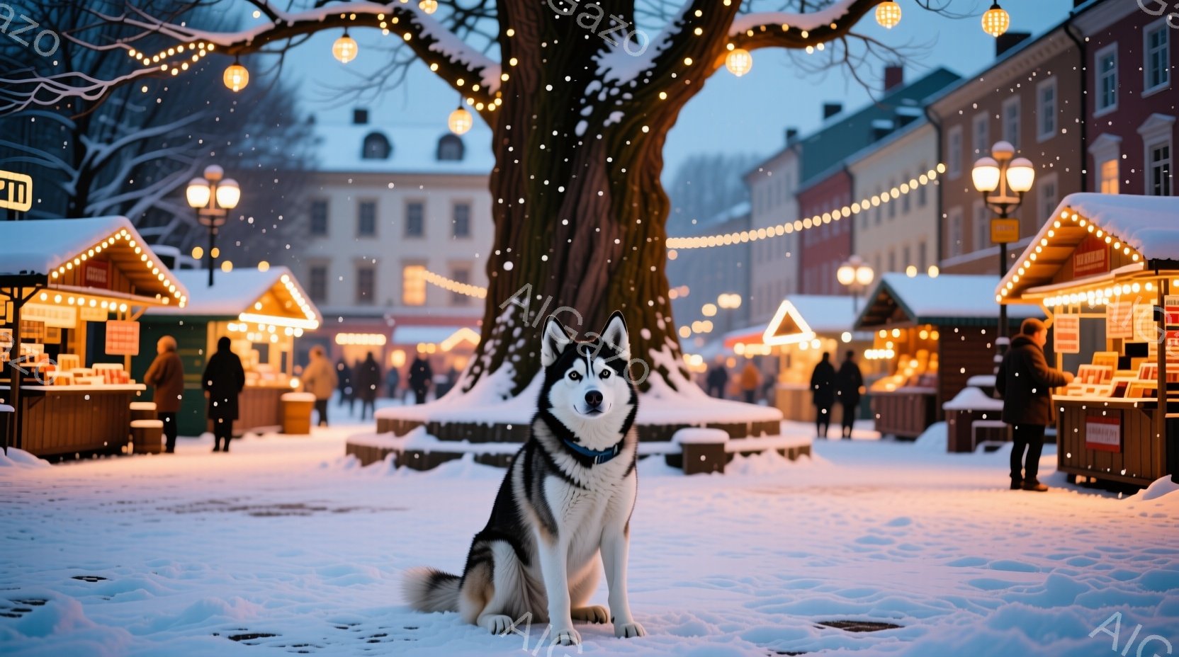 雪が降り積もる広場に、シベリアンハスキーが凛々と座っている。背景にはクリスマスのマーケットのような屋台が並び、暖かな光が灯っている。雪景色とマーケットの明かりが合わさり、冬の暖かいお祭りのような雰囲気を醸し出している。