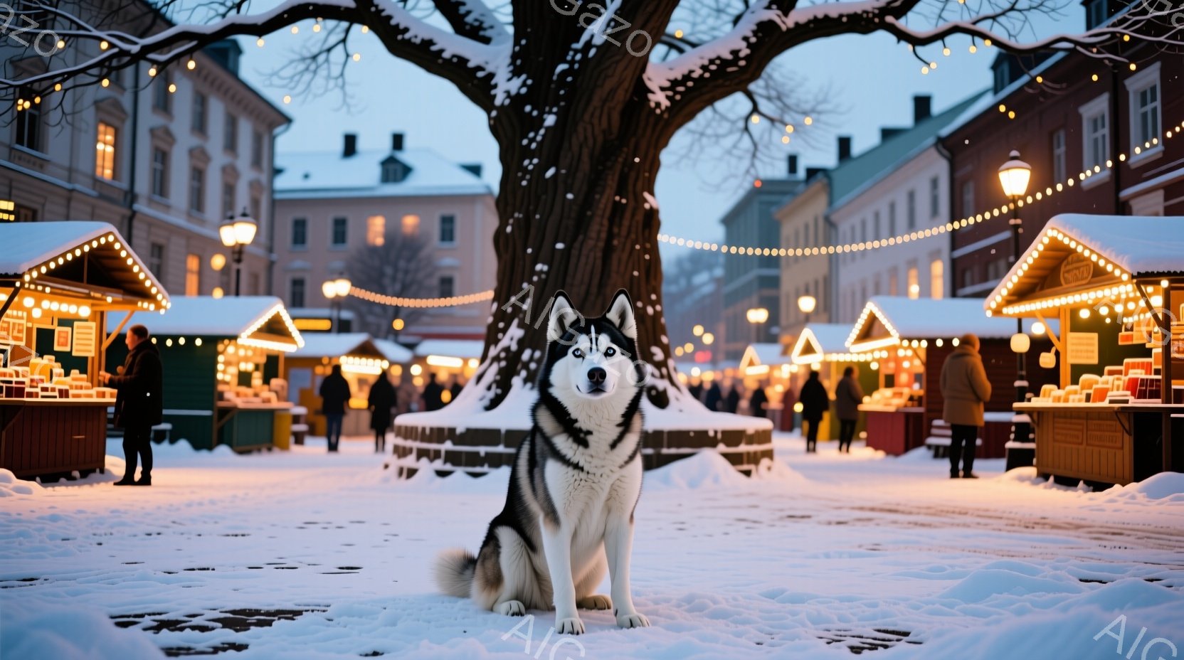 白い雪に覆われた広場の中央で、美しいシベリアンハスキーが正面を向いて座っています。背景にはクリスマスのマーケットのような屋台が並び、人々が歩き回っています。建物は歴史的な様式で、全体的に暖かく、冬の祝 - AI生成フリー素材