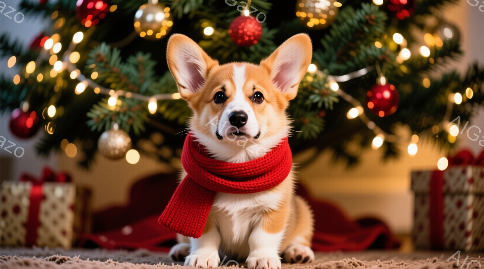 白と茶色のコルギ犬が、赤いニットのネックウォーマーを巻いて正面を見つめています。背景には、明るい電飾とオーナメントで飾られたクリスマスツリーがあり、床にはプレゼントボックスが置かれています。暖かく、お - AI生成フリー素材
