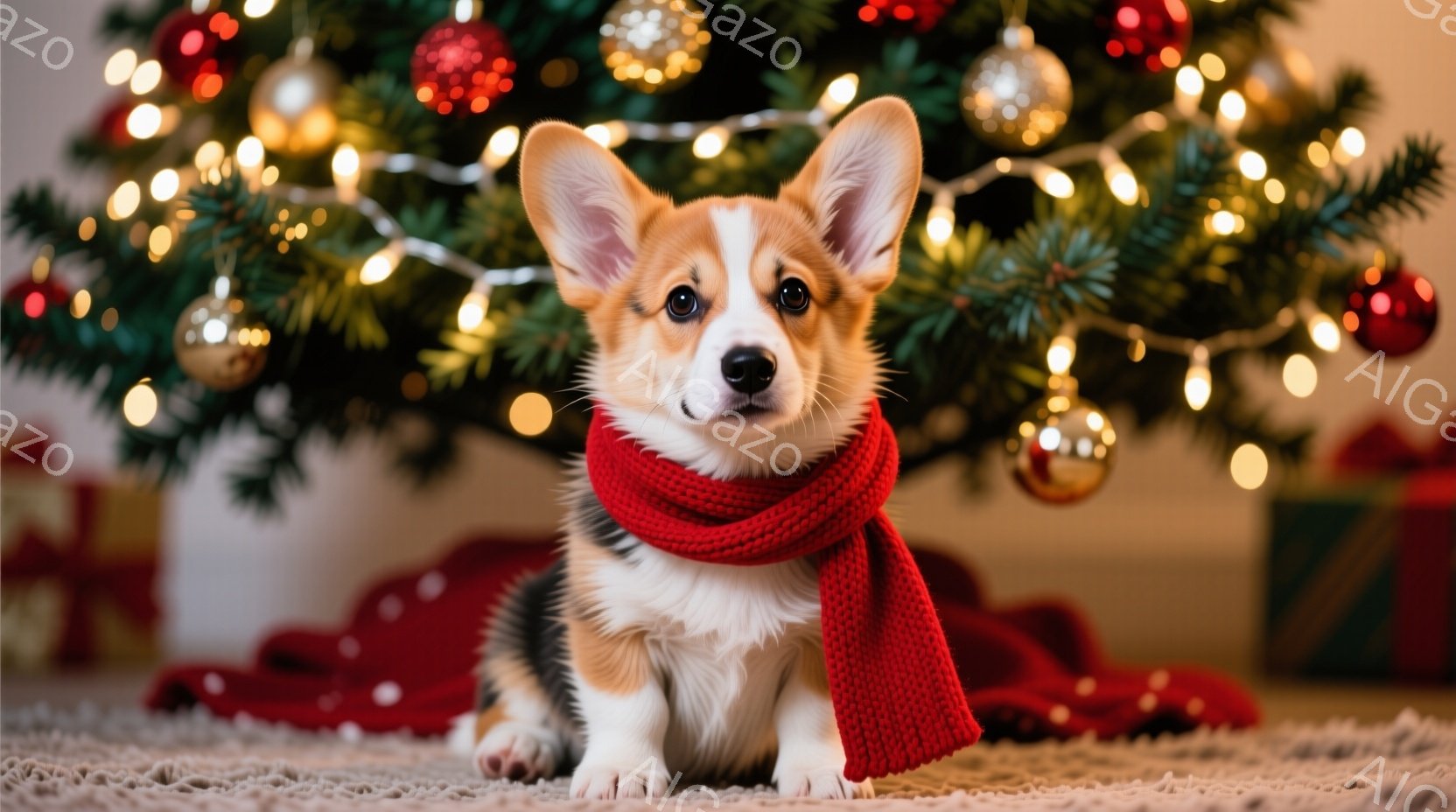 クリスマスツリーの足元にコルギ犬が座っており、赤いニットのネックウォーマーを巻いています。犬は正面をまっすぐ見つめ、わずかに口角が上がり、穏やかな表情をしています。背景にはプレゼントの箱や赤い布、そし - AI生成フリー素材