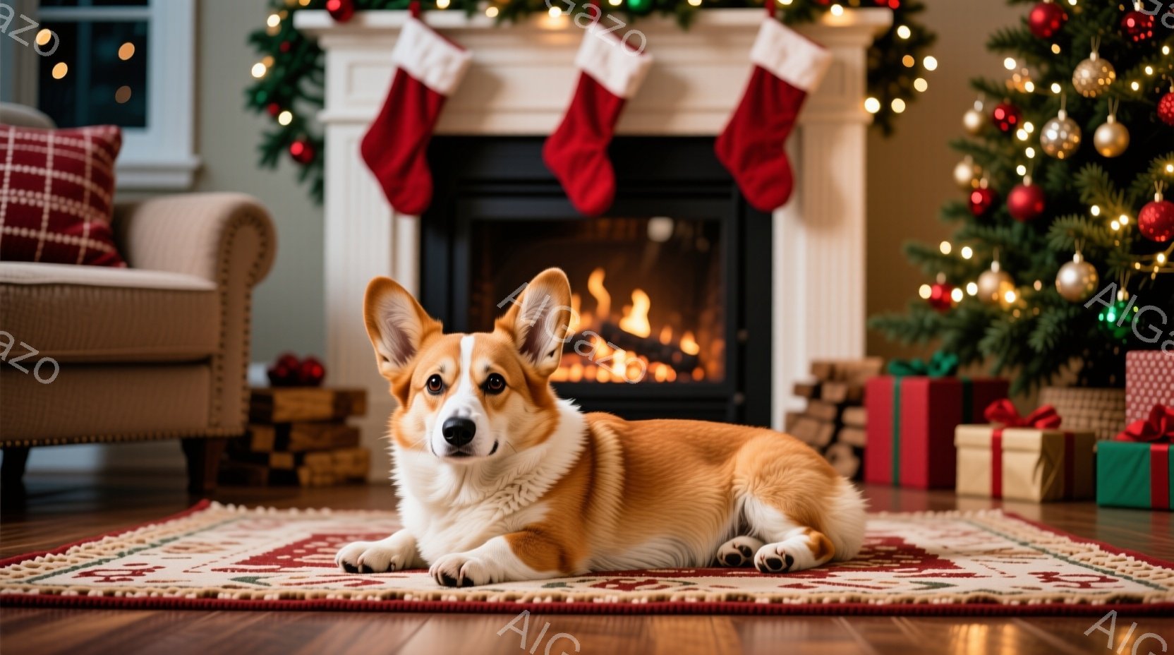暖炉のそばにふわふわのラグが敷かれ、その上にコーギー犬が横たわっています。背景にはクリスマスツリーが飾られ、小さなランタンが温かい光を放っています。全体的に、暖かく居心地の良い、クリスマスの雰囲気が漂 - AI生成フリー素材