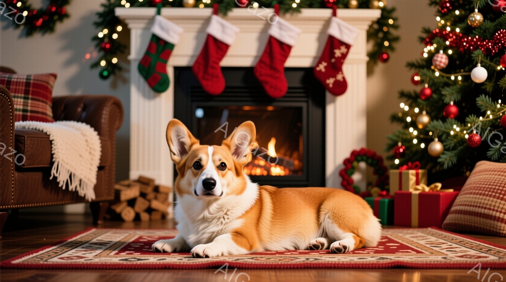 暖炉の前で、オレンジと白のコルギ犬がカーペットの上に横たわっています。犬はリラックスした表情で、前足は伸ばし、体をゆったりとくつろげています。背景には、クリスマスツリー、プレゼント、暖炉があり、暖かく - AI生成フリー素材