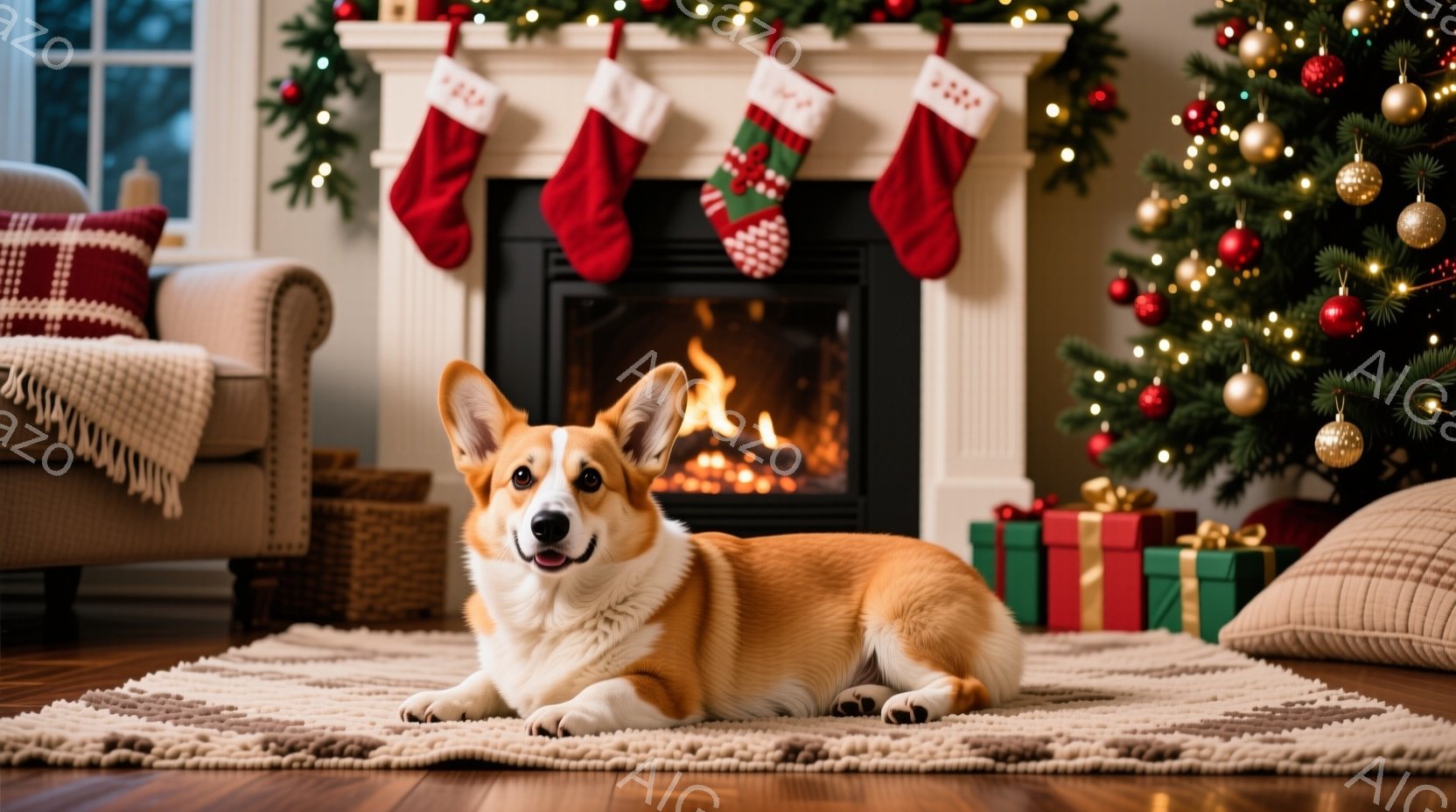 暖炉の前に敷かれたラグの上で、コーギー犬がリラックスして横たわっています。背景にはクリスマスツリーが飾られ、暖炉の上にはクリスマスストッキングが掛けられています。全体的に温かく、クリスマスの雰囲気が漂 - AI生成フリー素材