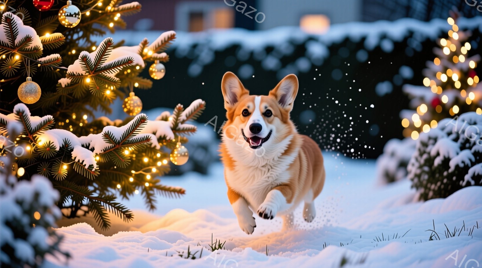 雪が降る庭で、コーギー犬が楽しそうに駆けている姿が捉えられています。背景には、電飾で飾られたクリスマスツリーが並び、雪化粧した緑が冬の温かい雰囲気を醸し出しています。犬は口を開けて笑顔を見せ、雪の中を元気に走り回る様子が、見る人に幸福感を与えます。