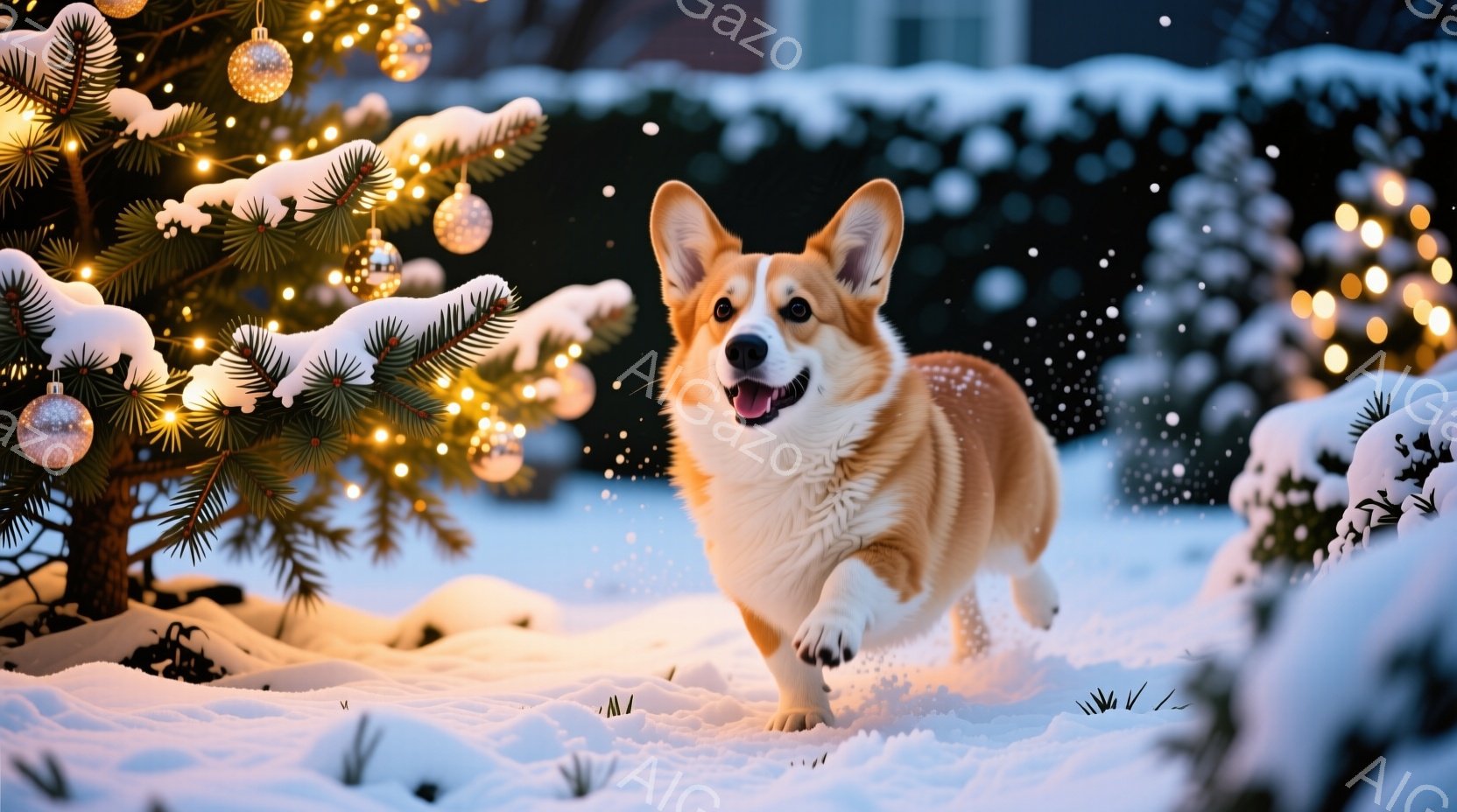 雪に覆われた庭で、コーギー犬が勢いよく走っている様子が捉えられています。背景には、飾り付けられたクリスマスツリーが輝き、雪が舞う幻想的な雰囲気を作り出しています。犬は口を開けて楽しそうに走り、暖かく幸 - AI生成フリー素材