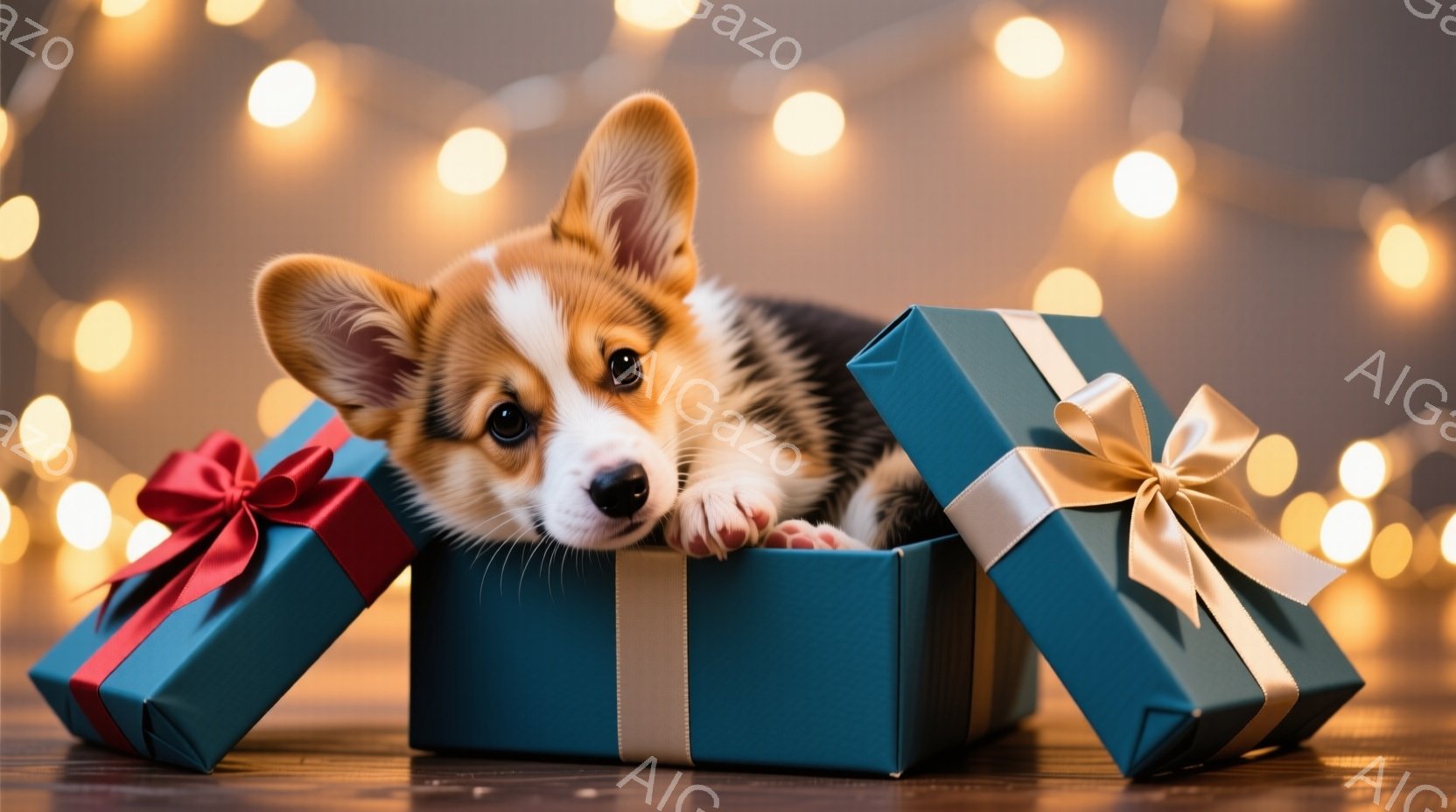 小さなコーギーの子犬が、ターコイズブルーのギフトボックスの中に座ってこちらを見ています。ギフトボックスにはそれぞれ赤いリボンと金色のリボンが飾られており、背景にはぼんやりとした暖かい色の光が散りばめら - AI生成フリー素材