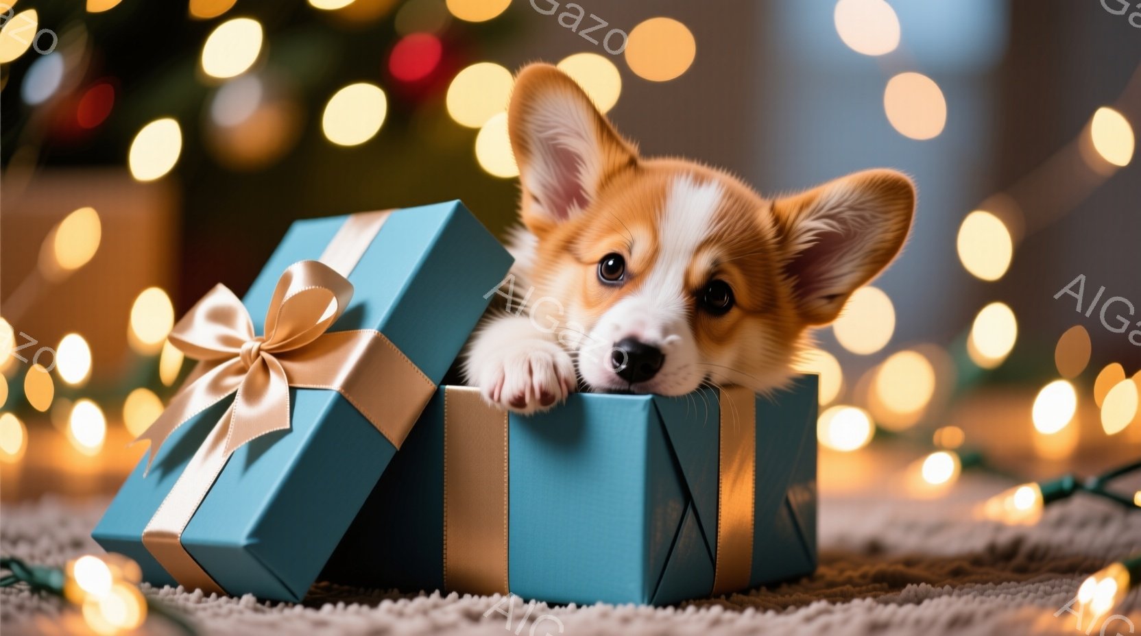 青いギフトボックスから子犬の顔が覗いています。子犬は茶色と白の毛並みで、つぶらな瞳でこちらを見ています。背景にはぼやけた光のストリングライトがあり、温かく楽しい雰囲気を醸し出しています。 - AI生成フリー素材