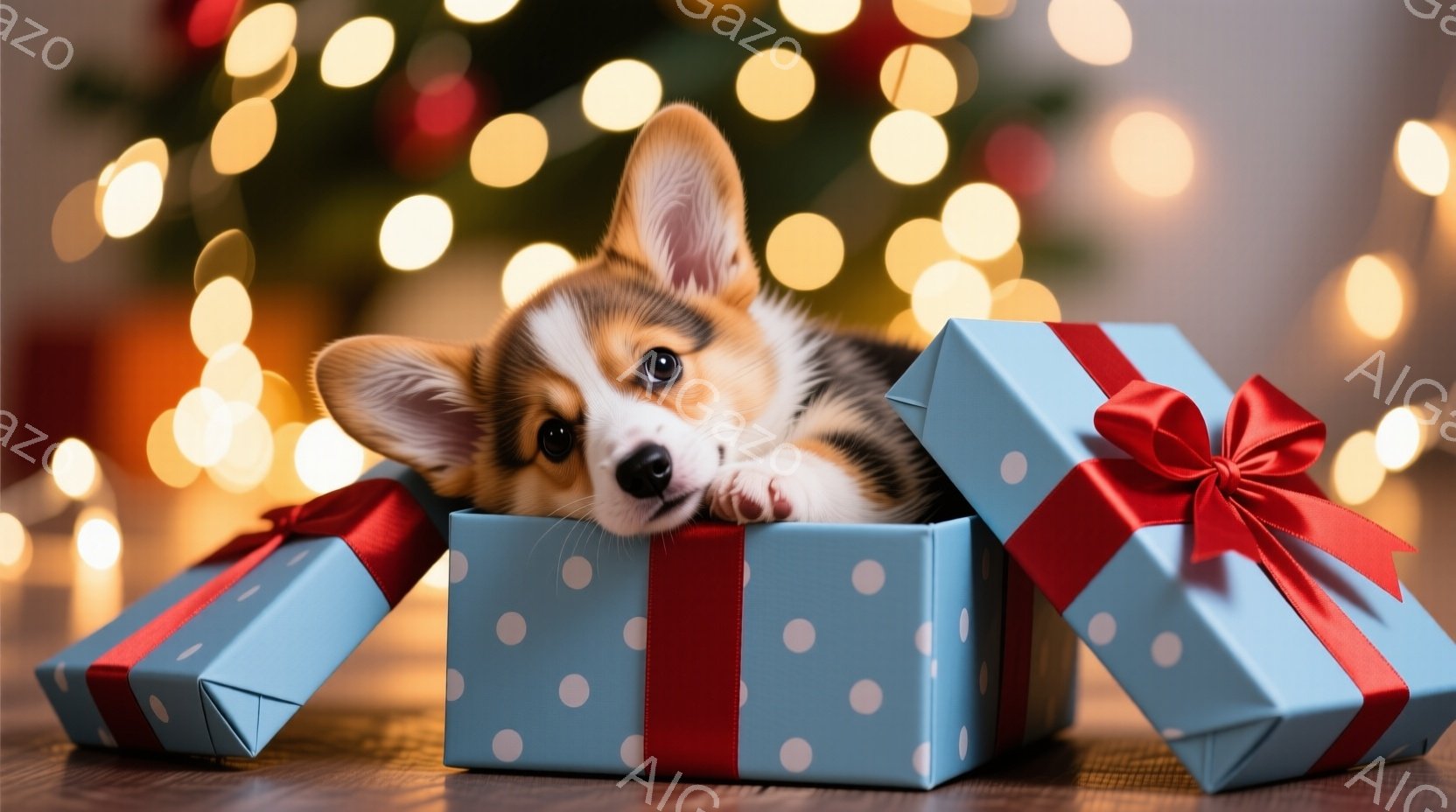 鮮やかな水色の水玉模様のプレゼントボックスから、コーギーの子犬が顔を出し、好奇心旺盛な表情でこちらを見ている。背景にはぼやけたクリスマスツリーの光が散りばめられ、暖かく、お祝いの雰囲気を醸し出している。この子犬は、まるでクリスマスプレゼントの一部のように、可愛らしく、遊び心に満ちたポーズで箱の中に身を寄せている。