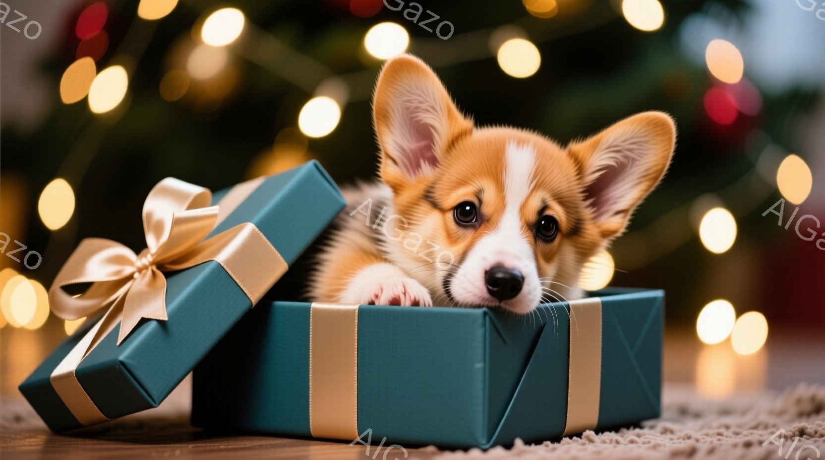 小さなコーギーの子犬が、ターコイズブルーのギフトボックスから顔を出し、こちらを見つめています。箱は金色のリボンで飾られ、箱の縁は金色の帯で強調されています。背景にはぼやけた光のぼかしがあり、暖かく、お - AI生成フリー素材