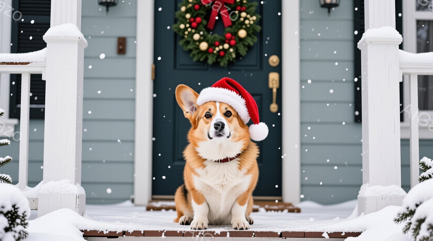 コルギ犬が白いステップの上に座っており、頭には赤いサンタの帽子を被っています。背景には青色のドアとクリスマスリース、そして雪が降る冬の風景が広がっています。犬は前方をまっすぐ見つめており、可愛らしい雰 - AI生成フリー素材