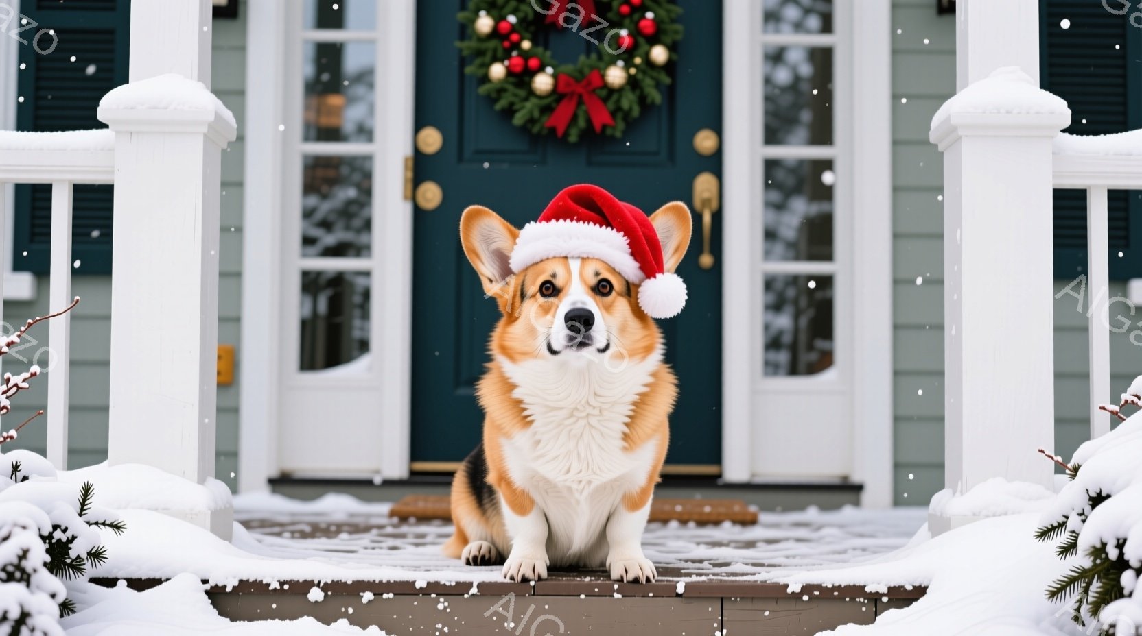 コルギー犬がクリスマスの赤い帽子をかぶって、家の外の階段に座っています。背景には白いサイディングの家と、クリスマスリースが飾られた青いドアが見え、雪が降る冬の風景が広がっています。犬は正面を見ており、 - AI生成フリー素材