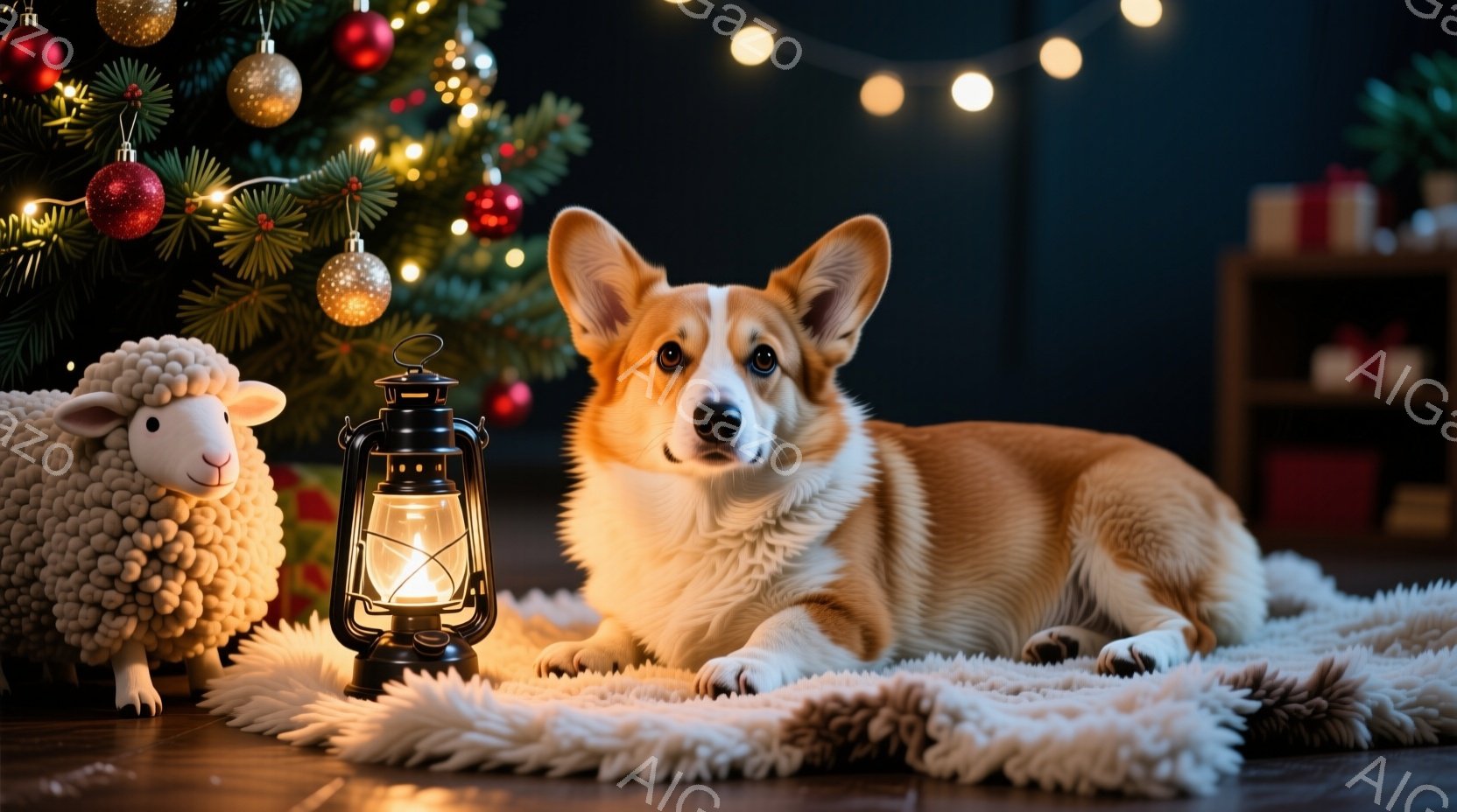 暖炉のそばに柔らかい毛布を敷いた床の上に、コーギー犬がゆったりと横たわっています。犬はリラックスした表情で、正面を見ています。背景にはクリスマスツリーが飾られ、点灯したランタンが暖かく穏やかな雰囲気を - AI生成フリー素材