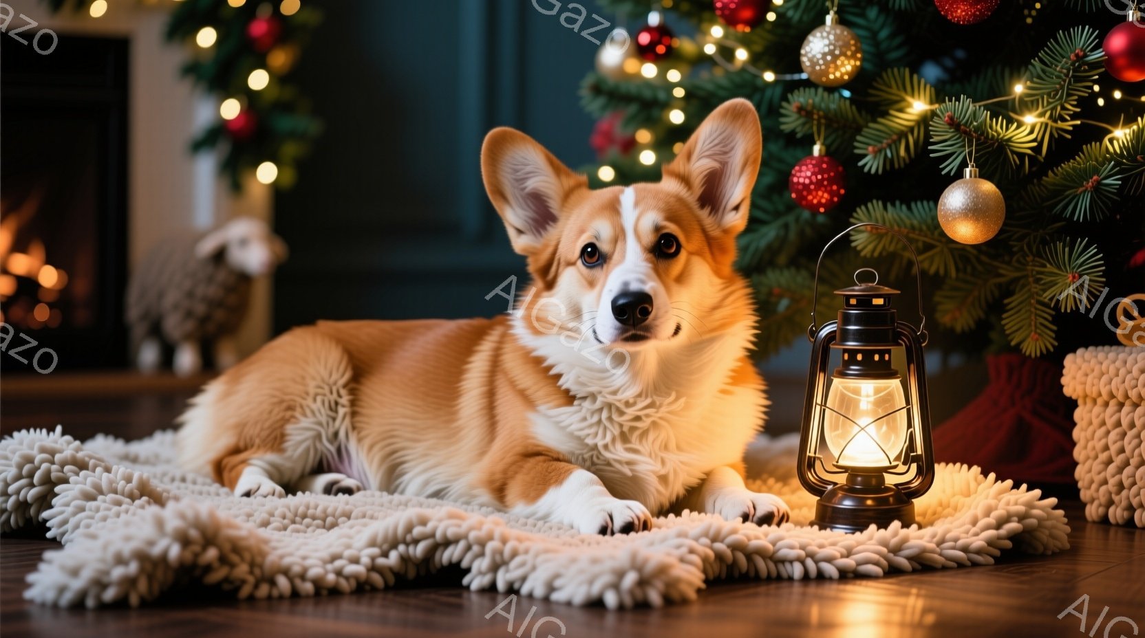 温かい光に照らされた、ペムブローク・ウェルシュ・コーギーがふわふわの白いラグの上に横たわっています。クリスマスの飾り付けがされたクリスマスツリーと、点灯されたランタンが近くにあり、暖かく心地よい雰囲気 - AI生成フリー素材