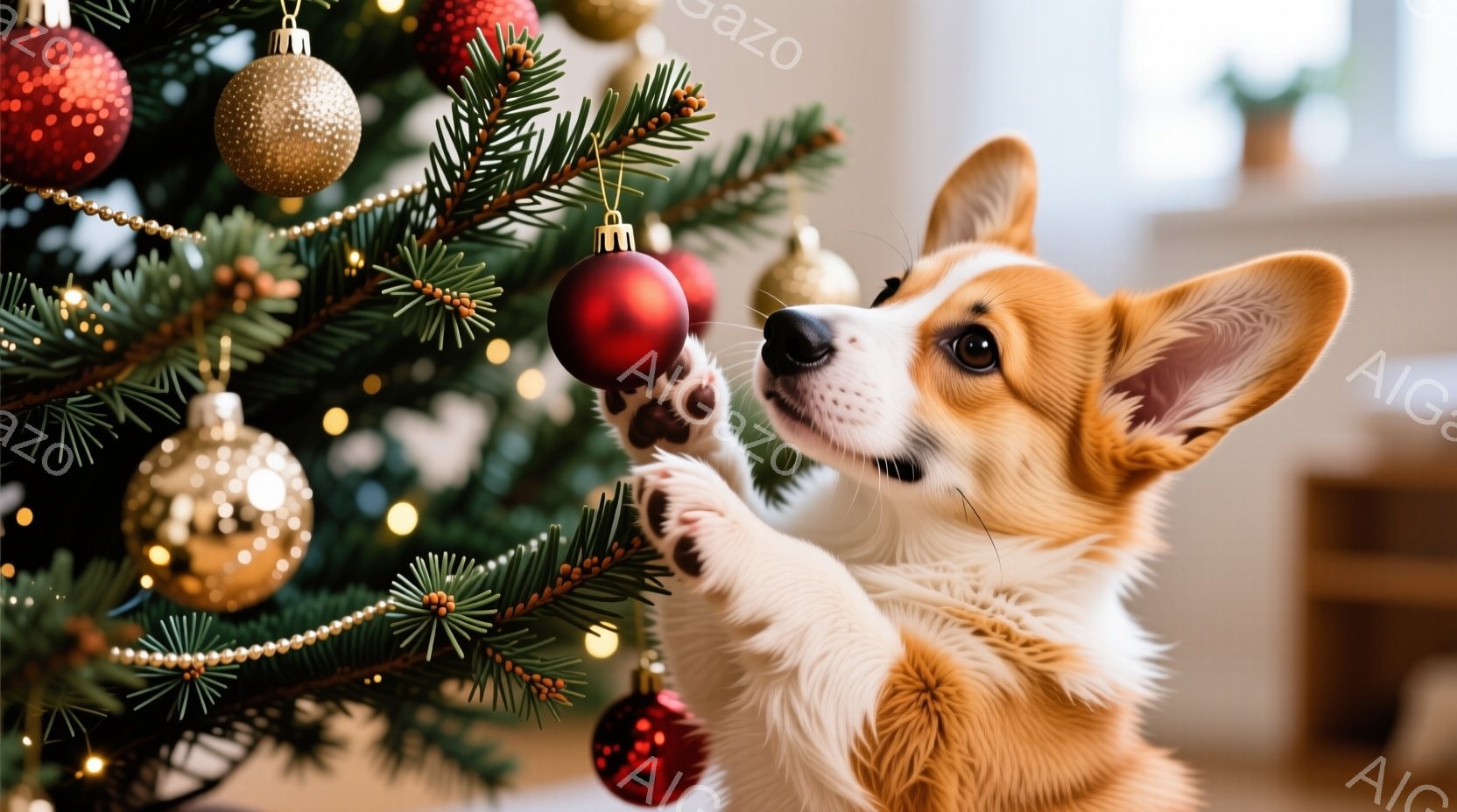 白と茶色のコーギー犬がクリスマスツリーの枝に前足を伸ばし、赤いオーナメントに触れようとしています。犬は上を見上げ、好奇心と遊び心に満ちた表情をしています。背景にはぼやけた部屋の一部が見え、温かく、お祝 - AI生成フリー素材