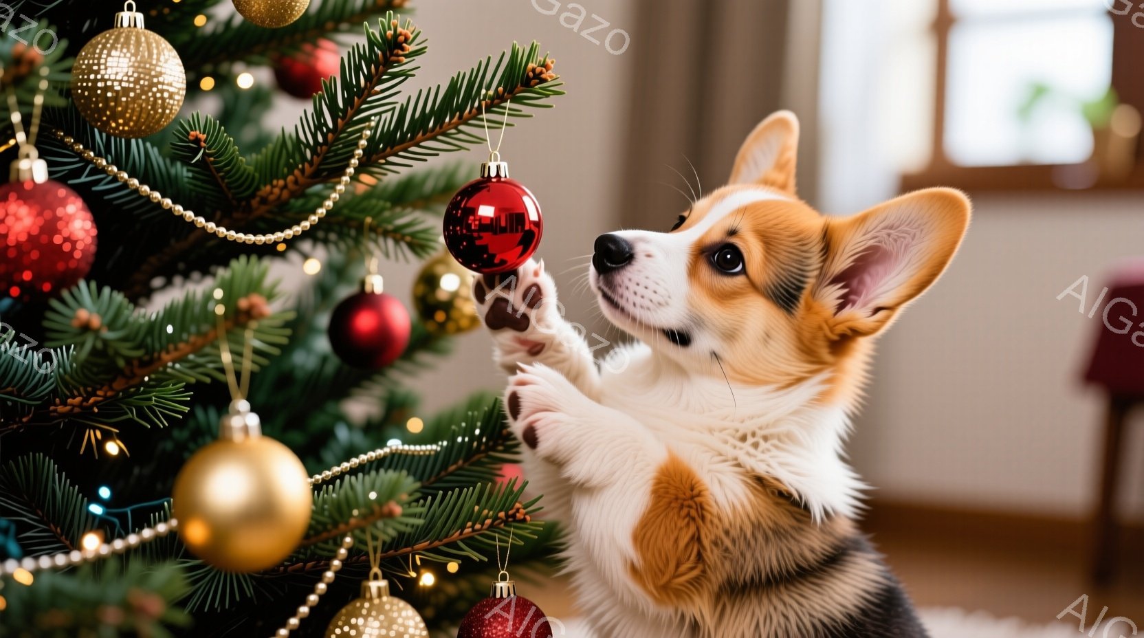 温かい色のロッキングチェアに、コーギー犬がゆったりと横たわっています。犬はリラックスした表情で、少し眠たげな様子です。背景には暖炉があり、オレンジ色の炎が暖かさを添え、快適で居心地の良い雰囲気を醸し出 - AI生成フリー素材