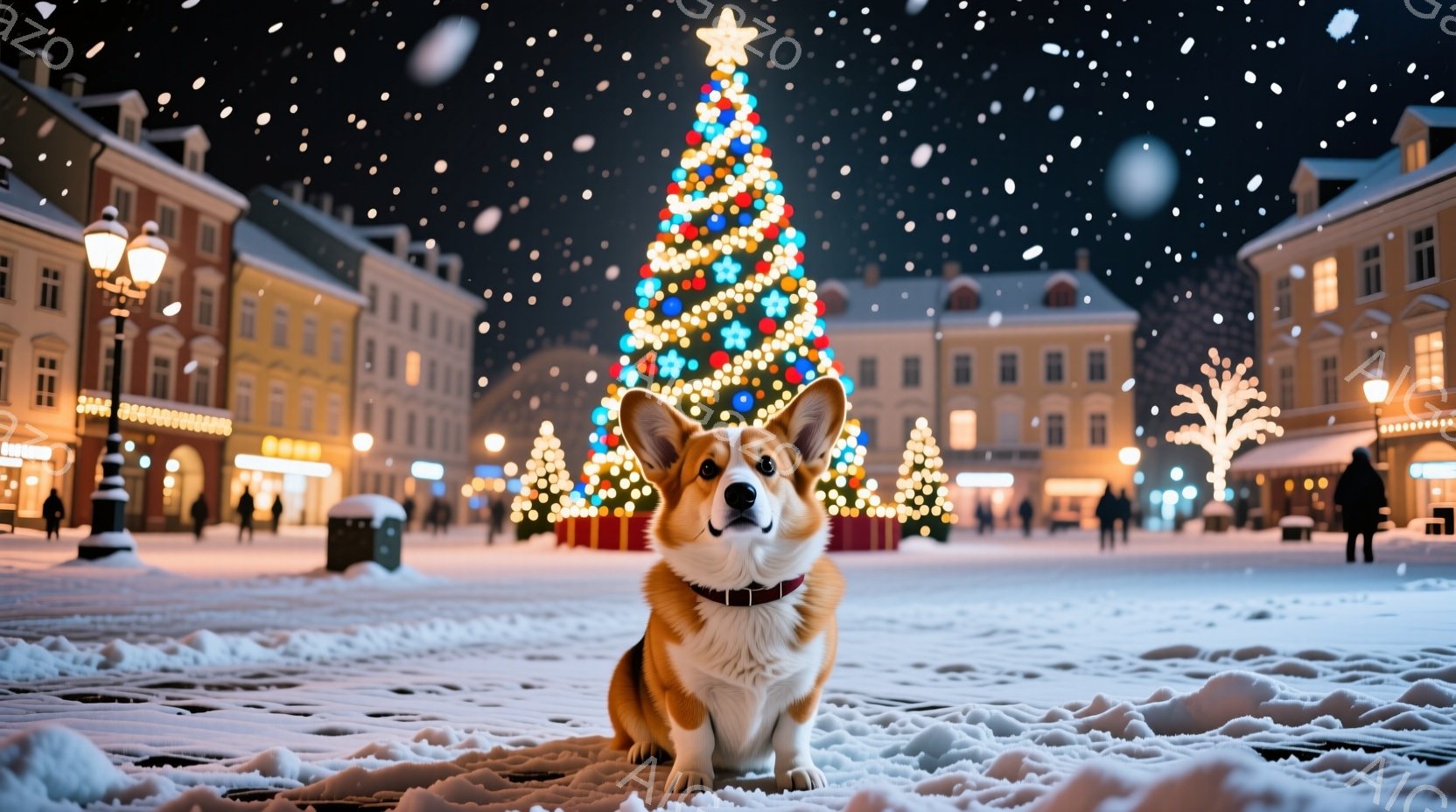広場の中央には、可愛らしいコルギ犬が座っており、赤い首輪をつけてこちらを見ています。背景には、クリスマスツリーが輝き、雪が舞う夜の広場には、人々の姿も見えます。暖色系の照明と雪景色が、温かく幻想的なク - AI生成フリー素材