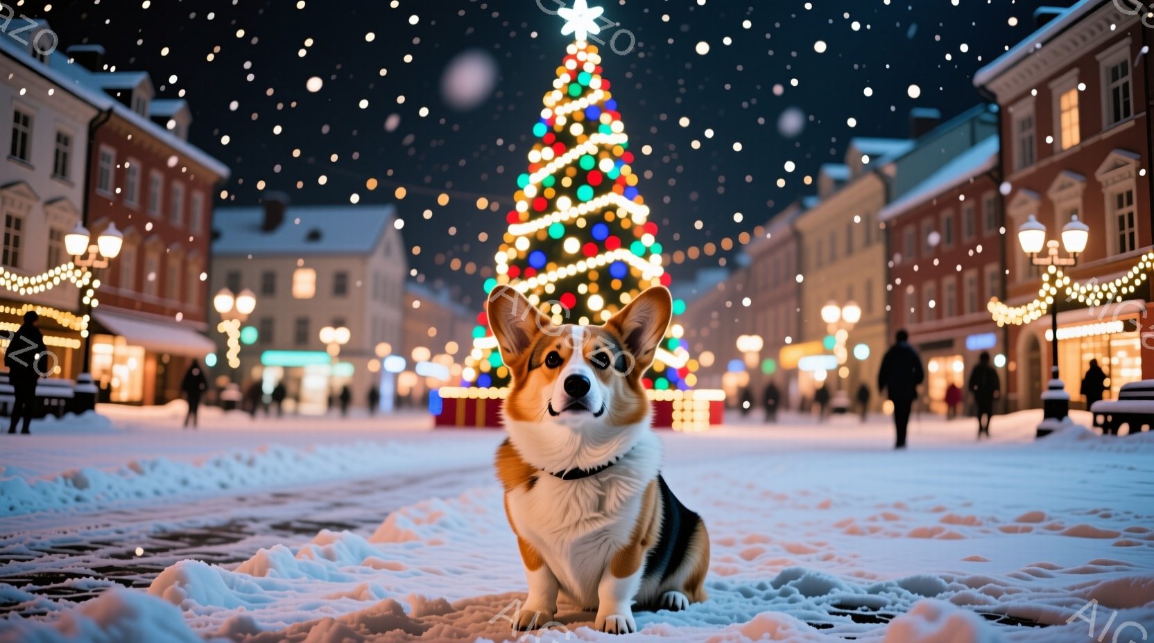 雪が降り積もる夜の街中に、コーギー犬が正面を向いて座っています。背景にはクリスマスツリーが輝き、街路樹や建物が温かい光で飾られています。全体的に穏やかで、祝祭的な雰囲気が漂う冬の光景です。