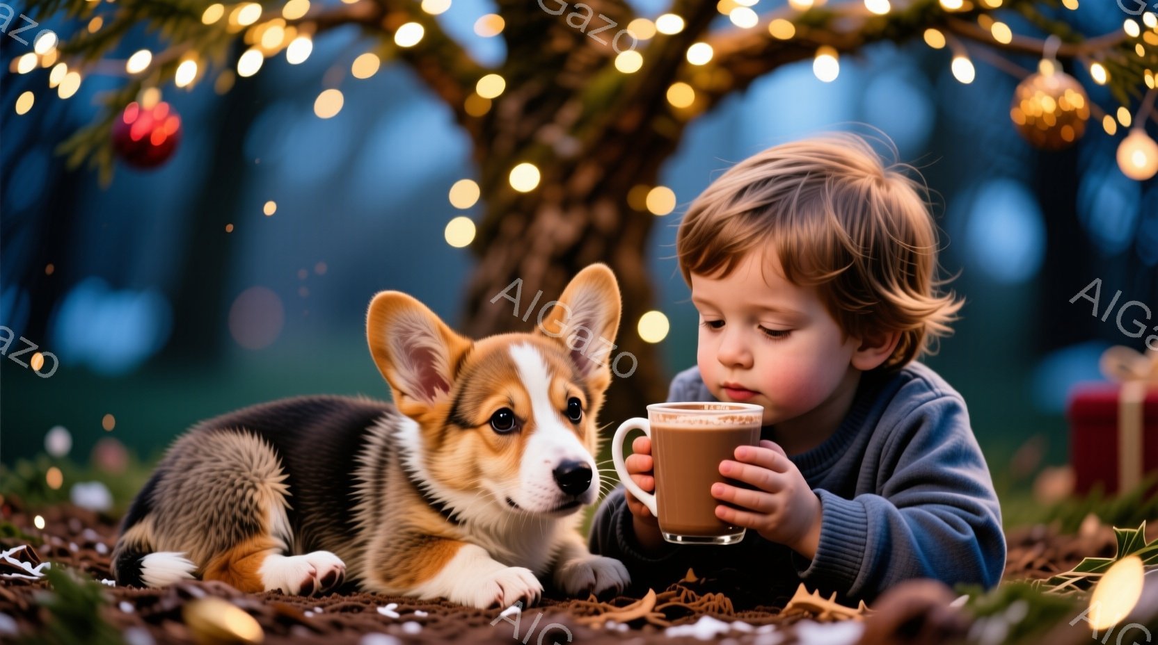 小さな少年がココアのような飲み物を手に持ち、地面に座ってそれを楽しんでいます。彼は茶色の巻き毛の髪をしており、グレーのセーターを着ています。背景には、キラキラと光るライトで飾られた木があり、可愛らしいコーギーの子犬が少年の隣でリラックスしています。